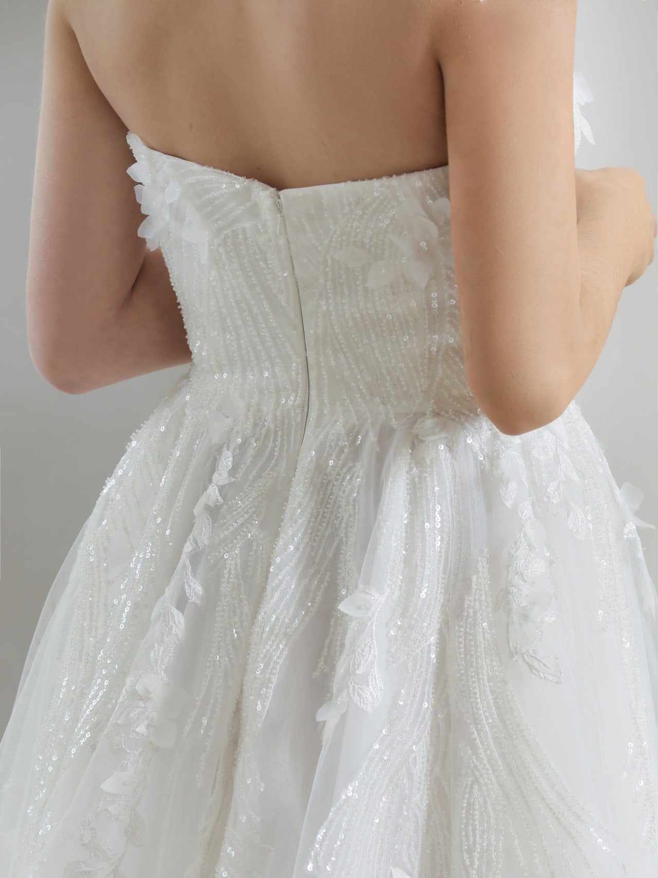 Strapless 3D Leaf Beaded Sequin Lace A-Line Wedding Dress Ophelia - A.Cherie Couture Shop