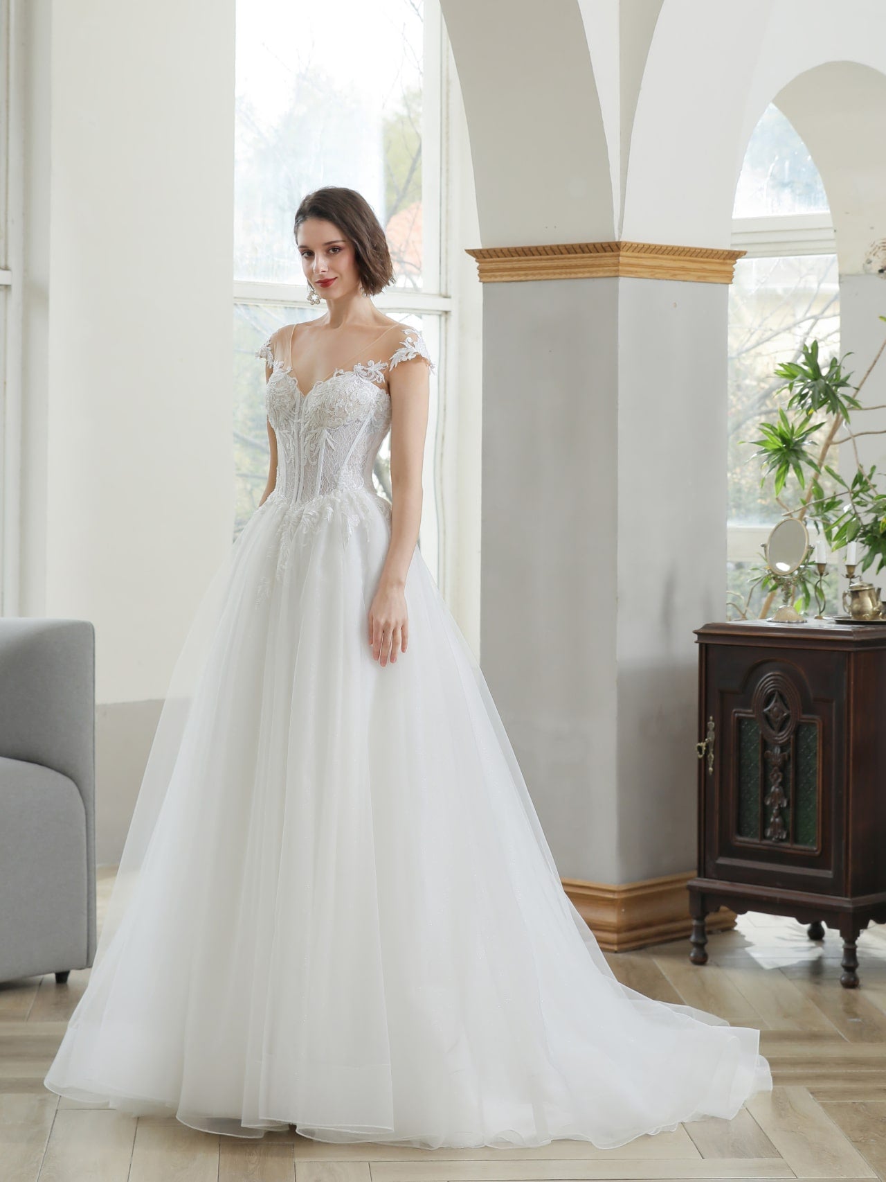 Basque Waist A-Line Wedding Dress | Shop A.Cherie Light Ivory / US12 Basque Waist A-Line Wedding Dress | Shop A.Cherie Light Ivory / US12