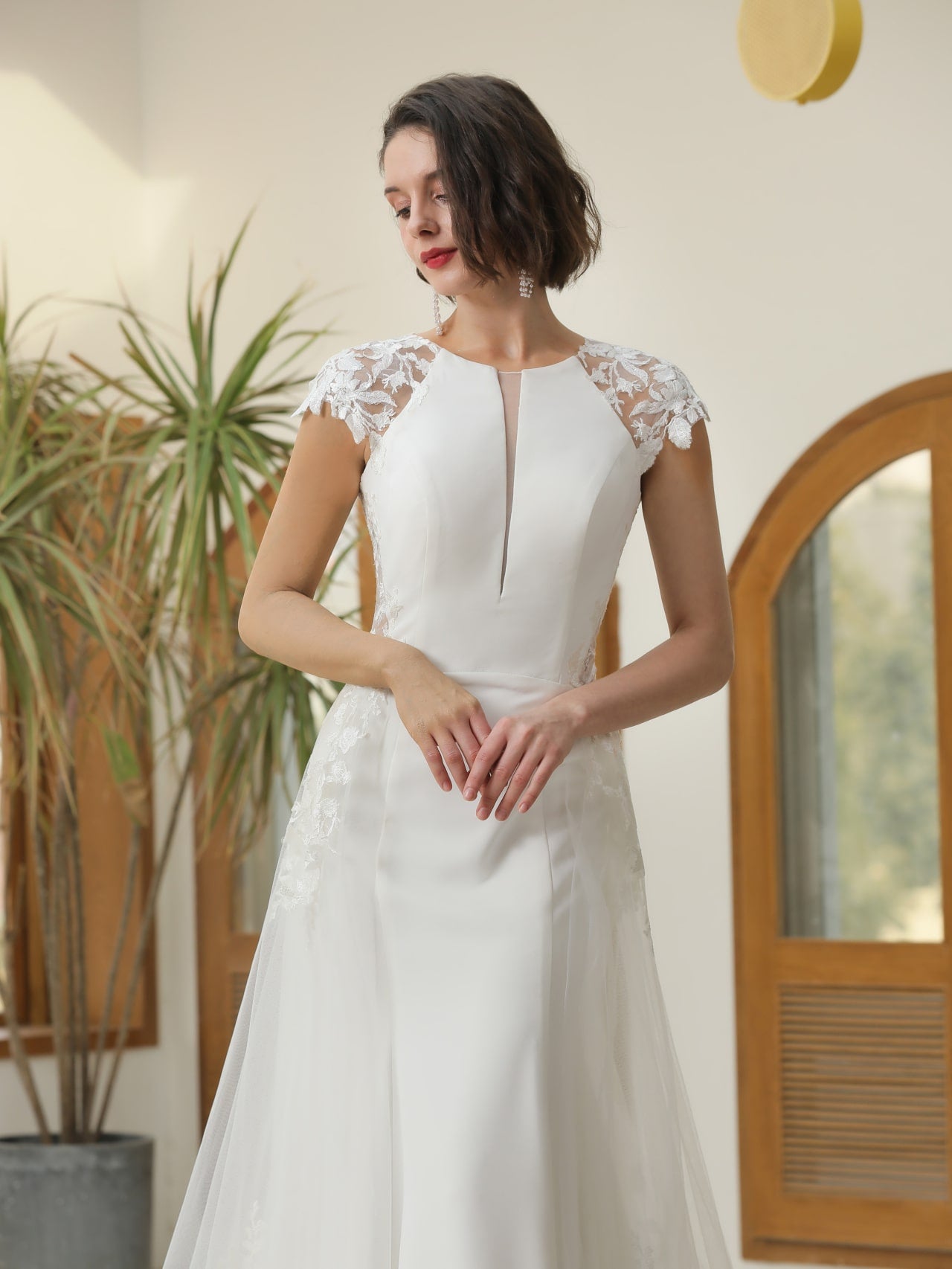 Floral Lace Crepe Sheath Wedding Dress Abigail with Tulle Overskirt - A.Cherie Couture Shop