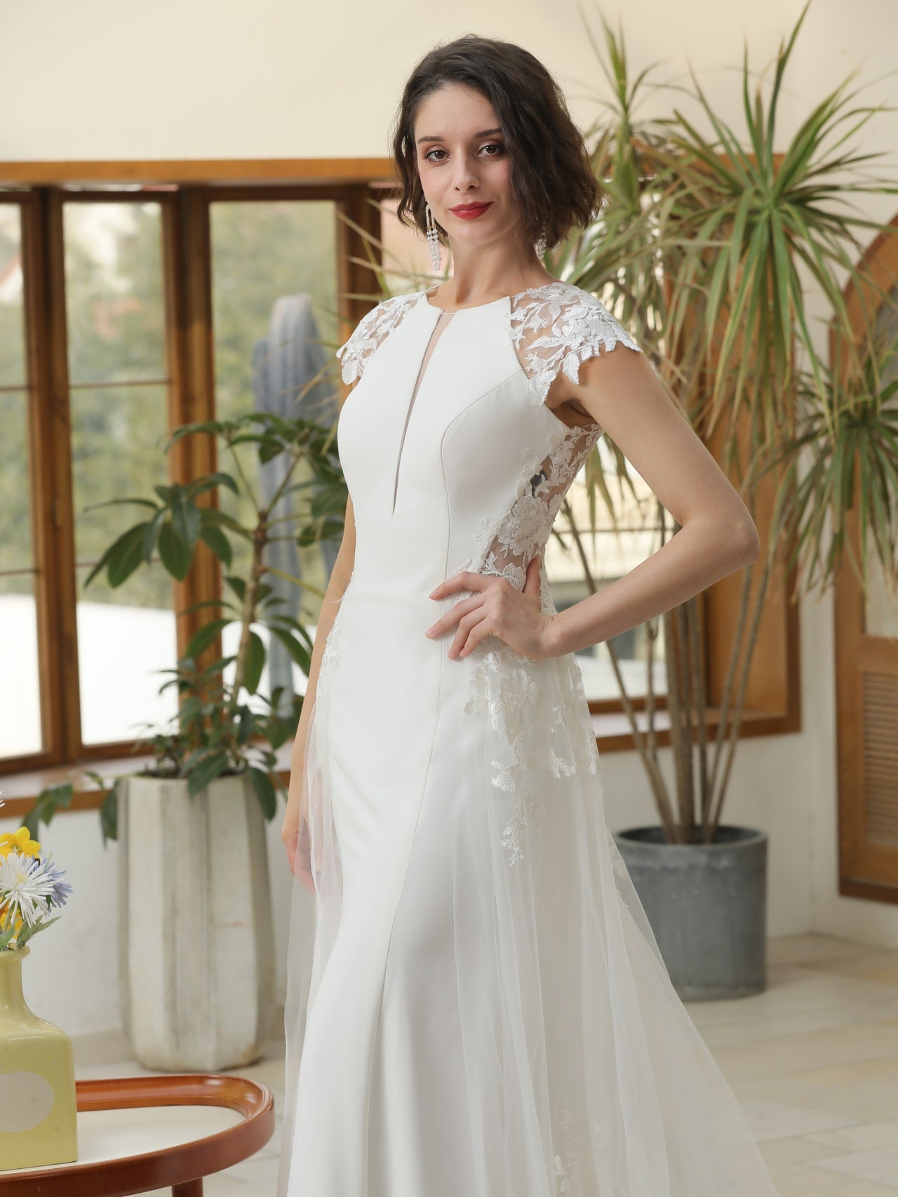Floral Lace Crepe Sheath Wedding Dress Abigail with Tulle Overskirt - A.Cherie Couture Shop