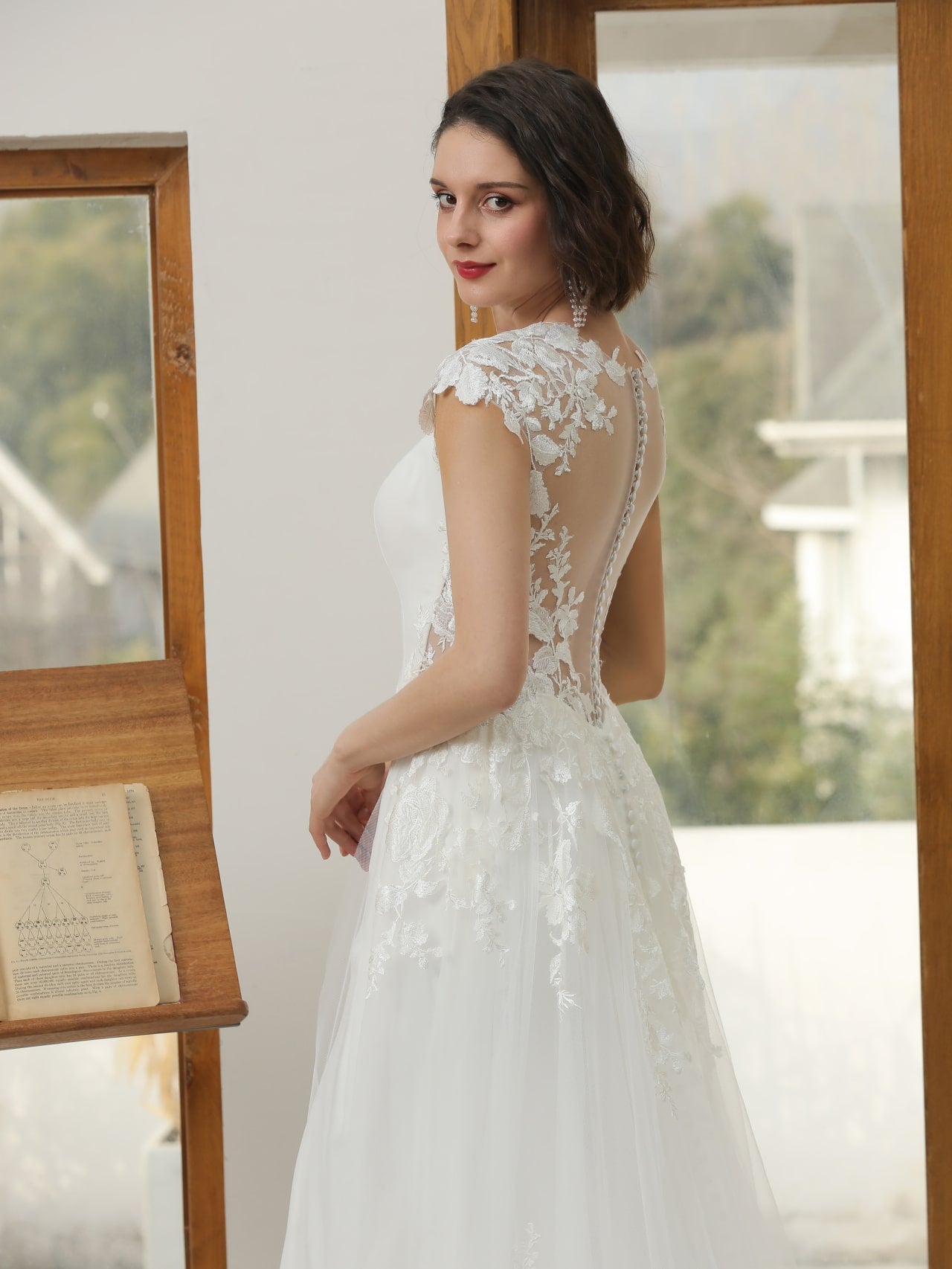 Floral Lace Crepe Sheath Wedding Dress Abigail with Tulle Overskirt - A.Cherie Couture Shop