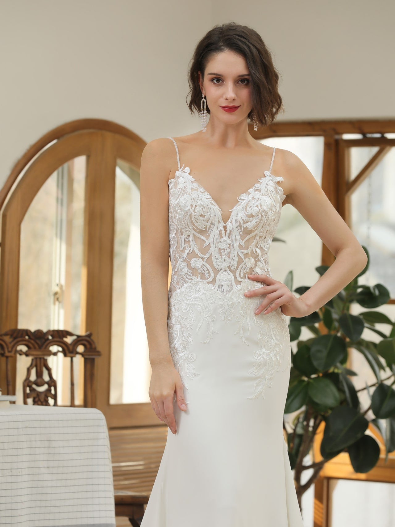 Floral Lace Crepe Fit & Flare Wedding Dress Evelyn with Beaded Straps - A.Cherie Couture Shop