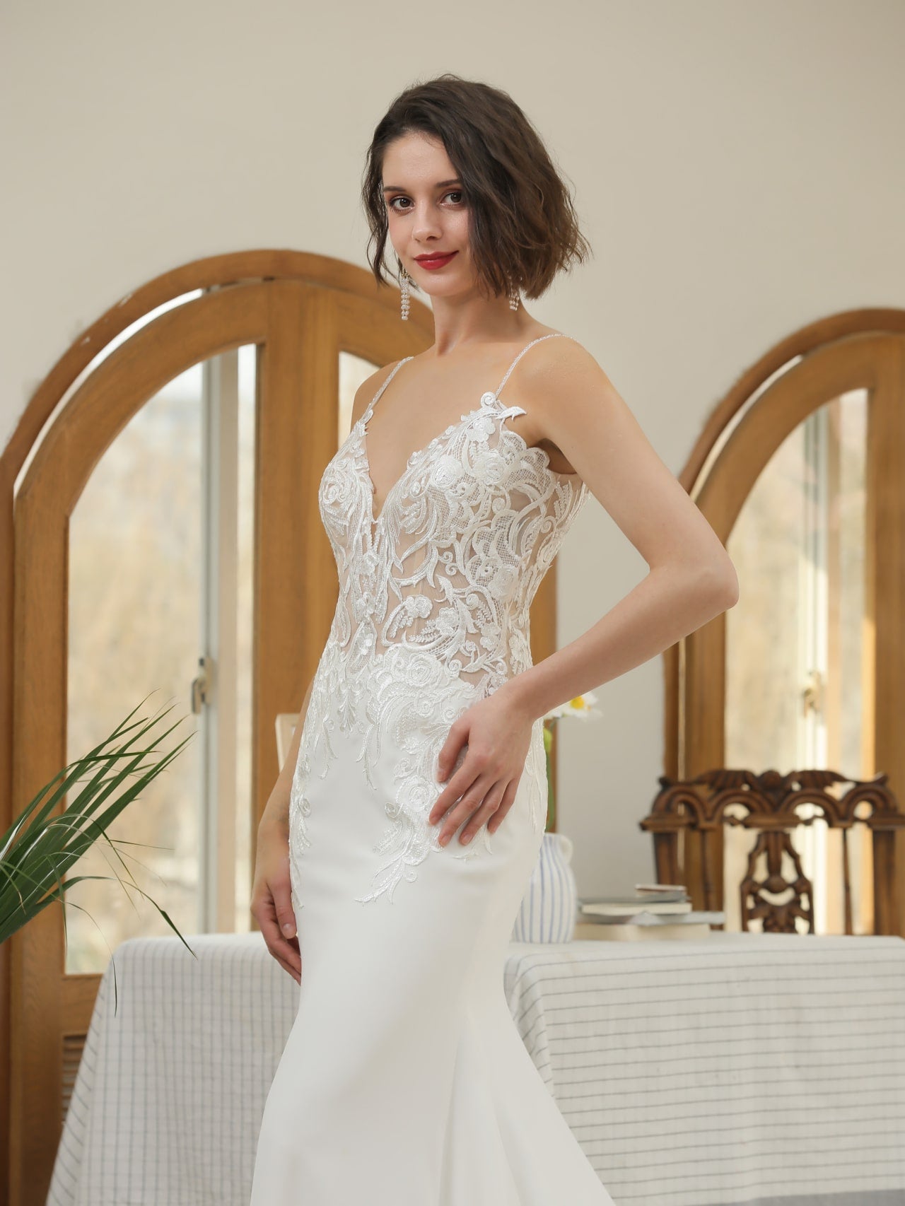 Floral Lace Crepe Fit & Flare Wedding Dress Evelyn with Beaded Straps - A.Cherie Couture Shop