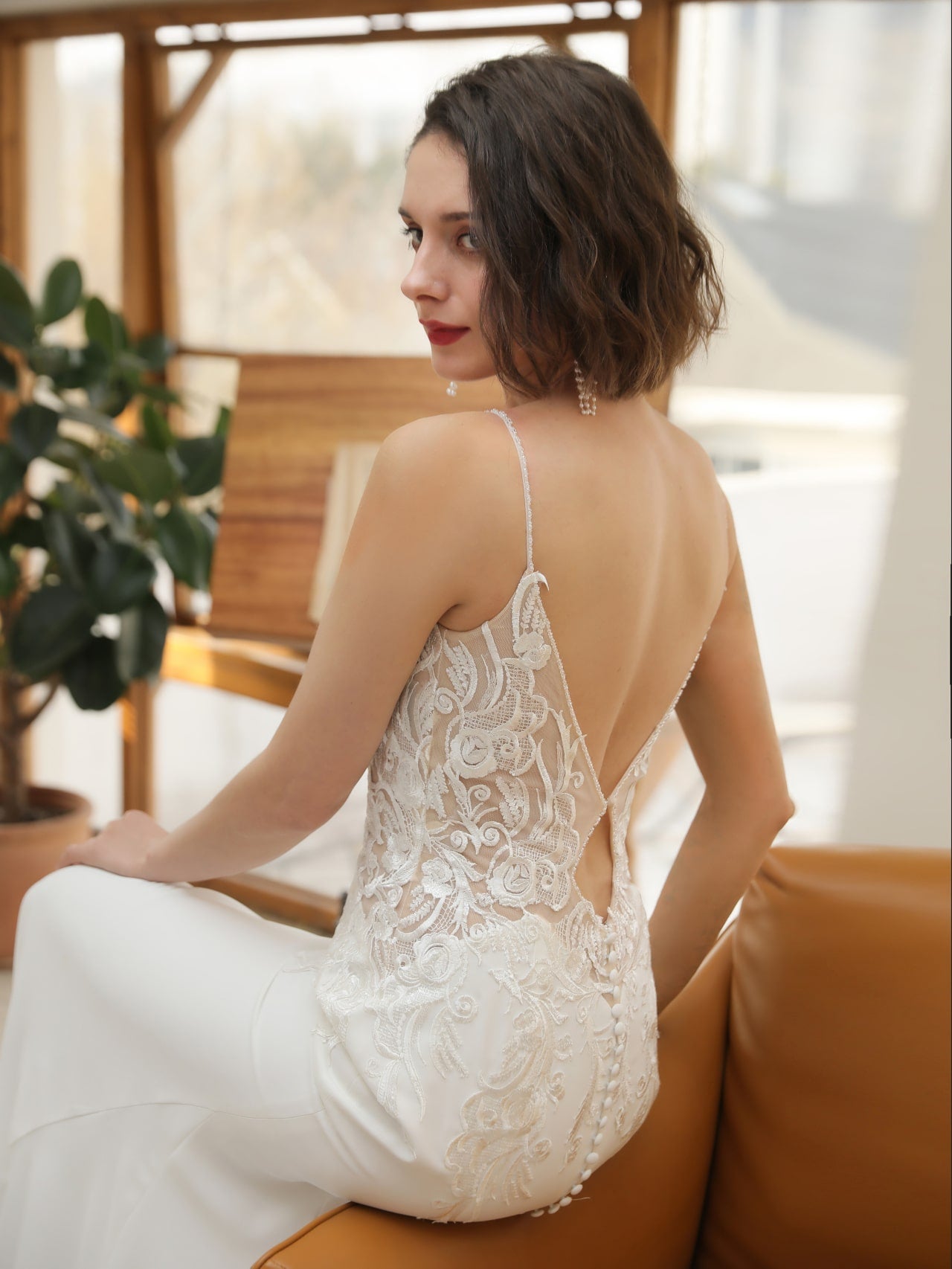 Floral Lace Crepe Fit & Flare Wedding Dress Evelyn with Beaded Straps - A.Cherie Couture Shop