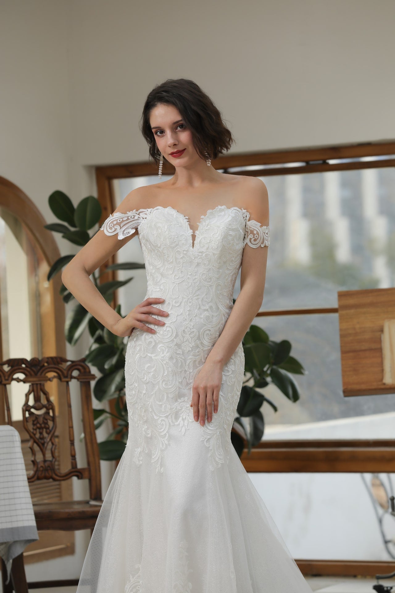 Off Shoulder Sequin Lace Glitter Tulle Fit & Flare Wedding Dress Blair - A.Cherie Couture Shop