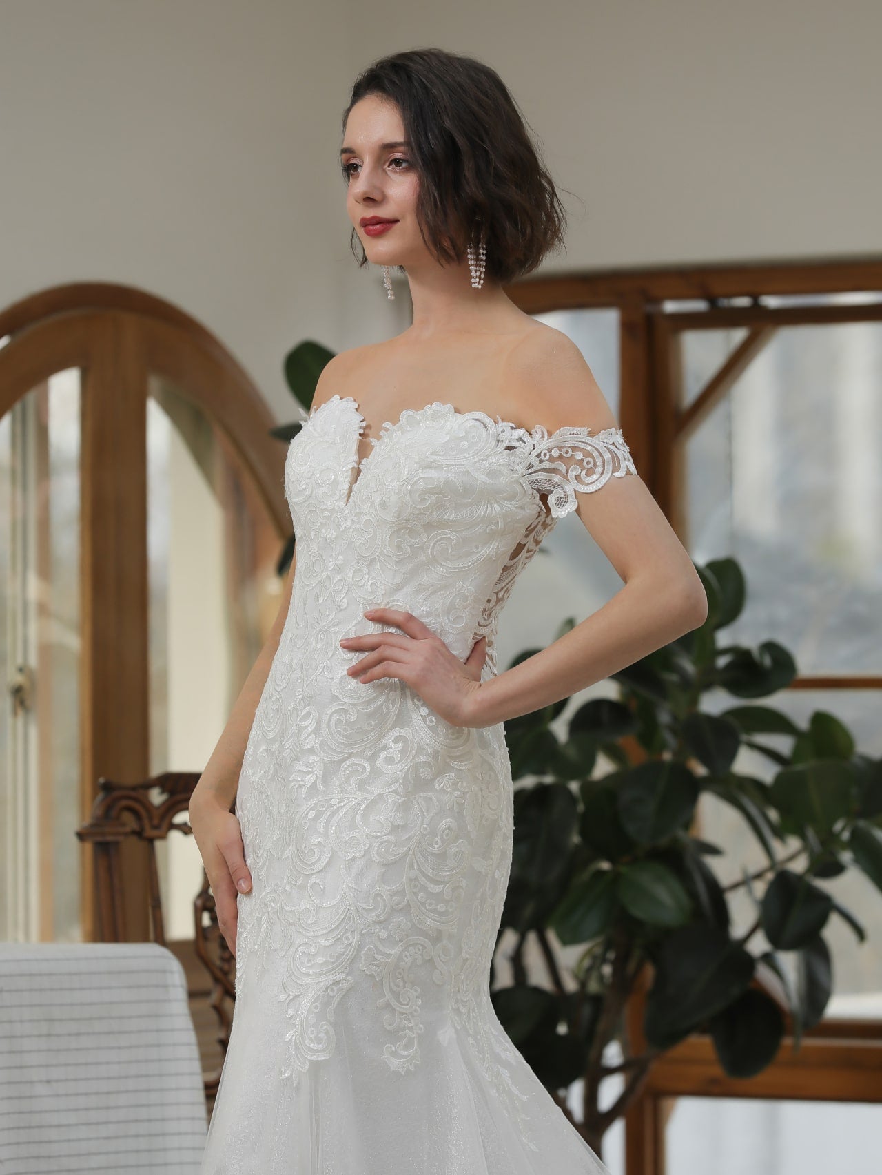 Off Shoulder Sequin Lace Glitter Tulle Fit & Flare Wedding Dress Blair - A.Cherie Couture Shop