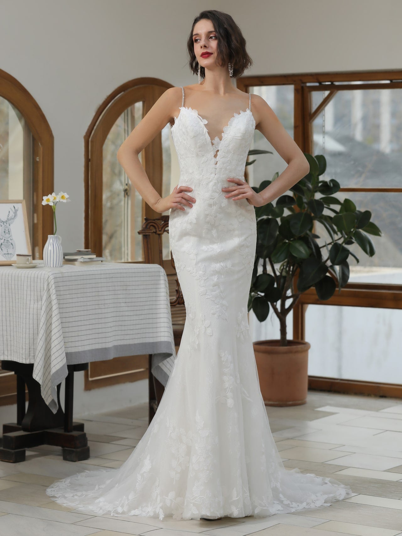 rhinestone mermaid wedding dress Floral Lace Mermaid Wedding Dress with Rhinestones