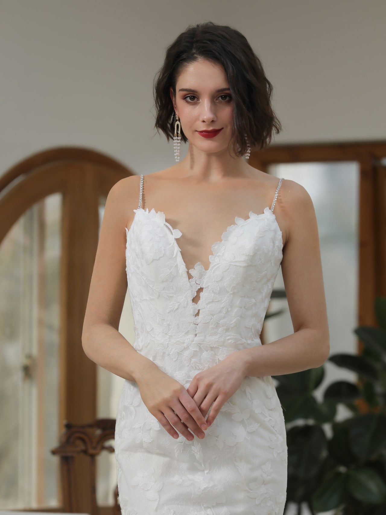 Floral Leaf Lace Mermaid Wedding Dress Bailey with Rhinestone Detailing - A.Cherie Couture Shop