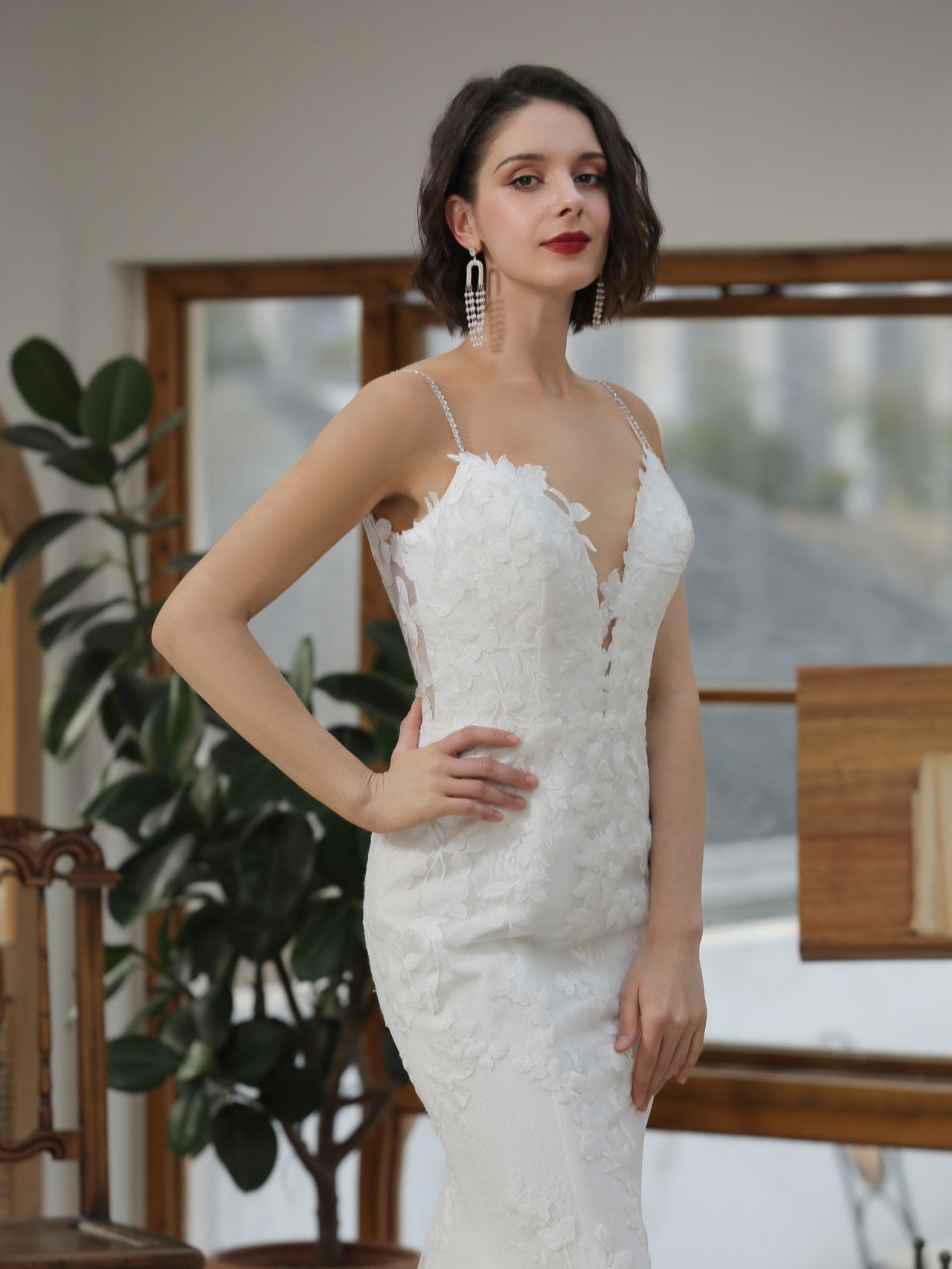 Floral Leaf Lace Mermaid Wedding Dress Bailey with Rhinestone Detailing - A.Cherie Couture Shop