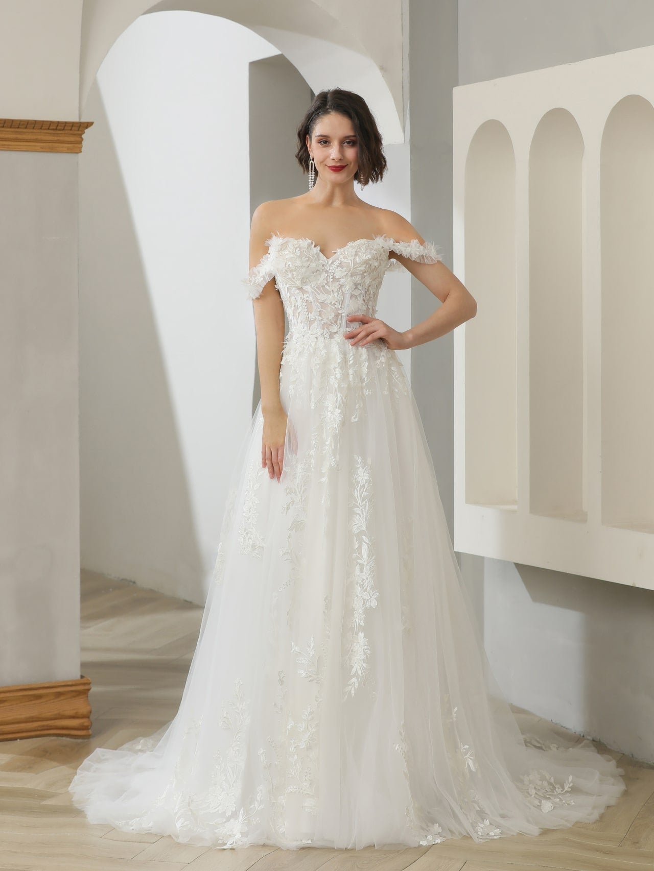 Off Shoulder 3D Floral Lace A-Line Wedding Dress | Shop A.Cherie Light Ivory / US18 Off Shoulder 3D Floral Lace A-Line Wedding Dress | Shop A.Cherie Light Ivory / US18