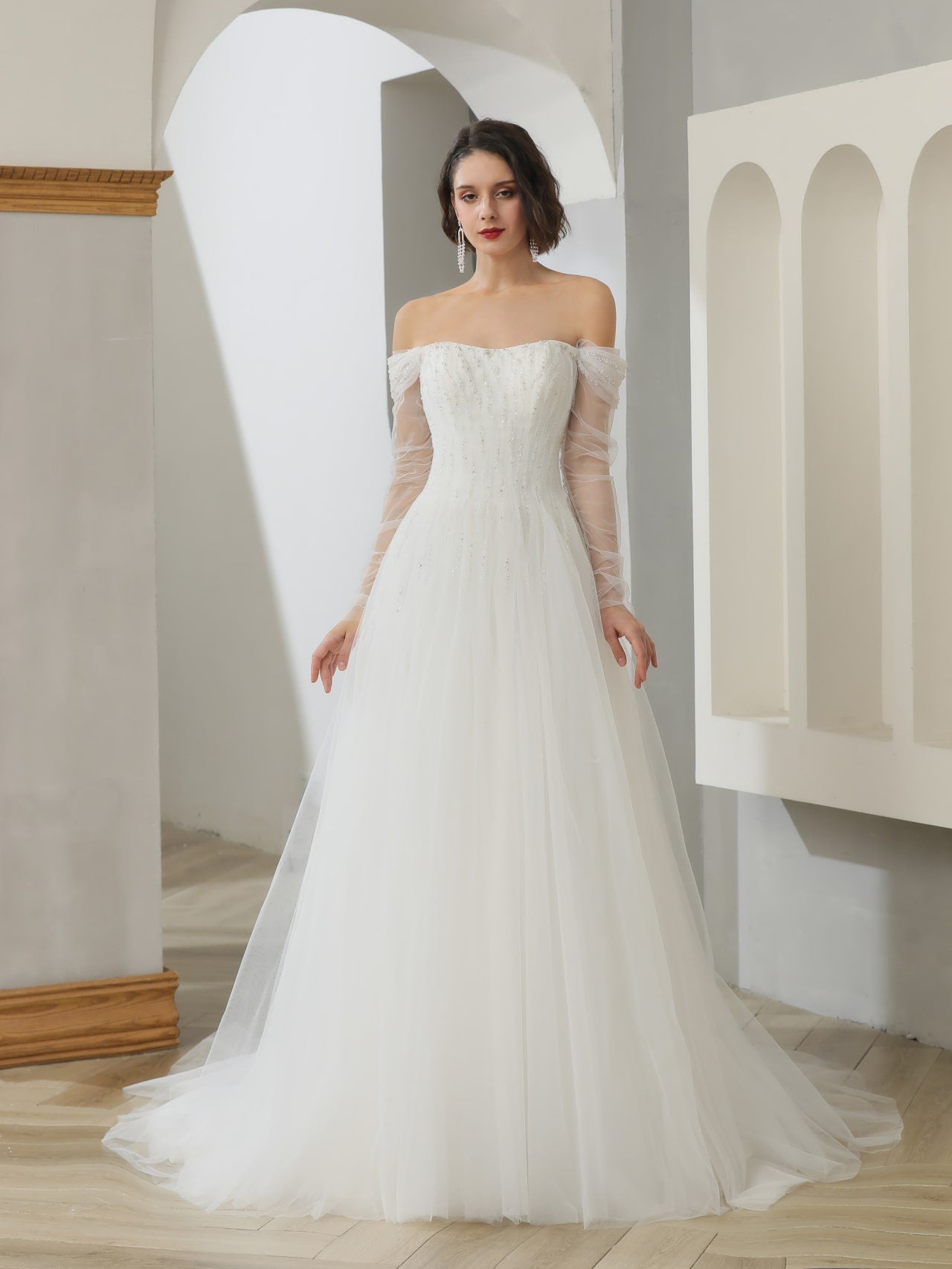 Off Shoulder Beaded Lace u0026 Tulle A-Line Wedding Dress | Katie