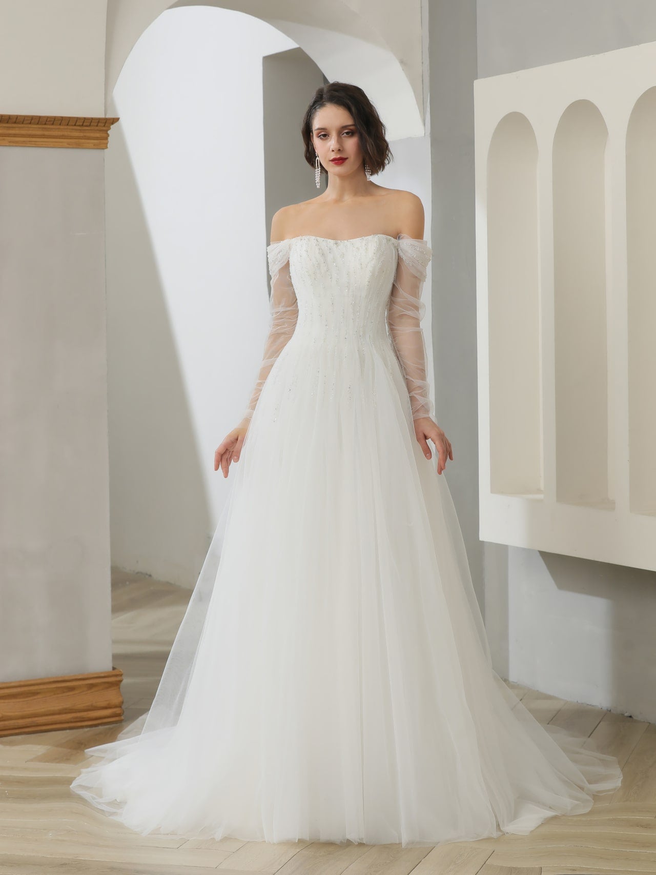 Off Shoulder Beaded Lace Tulle A-Line Wedding Dress | Shop A.Cherie Light Ivory / US 22 Off Shoulder Beaded Lace Tulle A-Line Wedding Dress | Shop A.Cherie Light Ivory / US 22