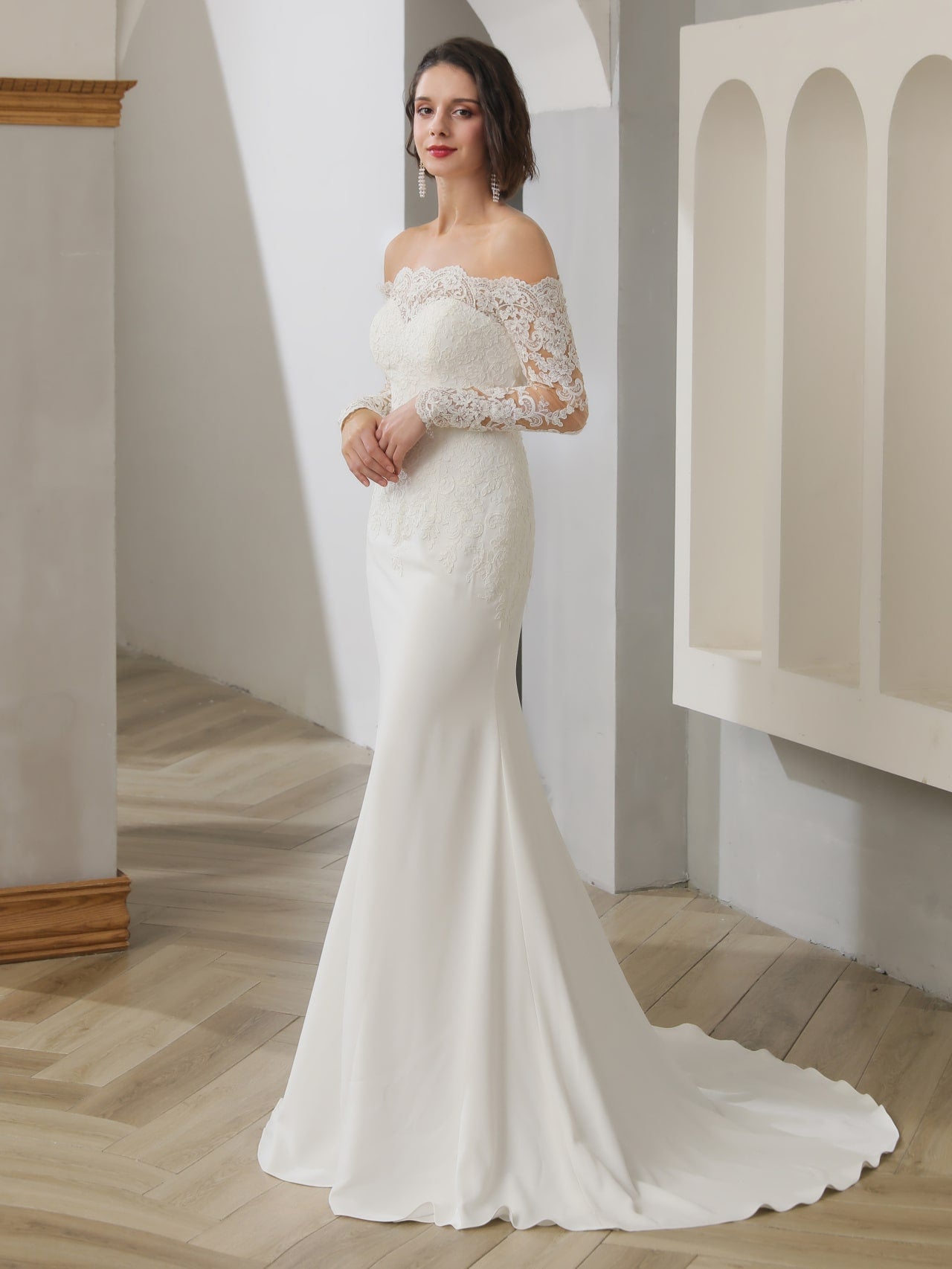 Off Shoulder Floral Lace Crepe Fit & Flare Wedding Dress Hailey - A.Cherie Couture Shop