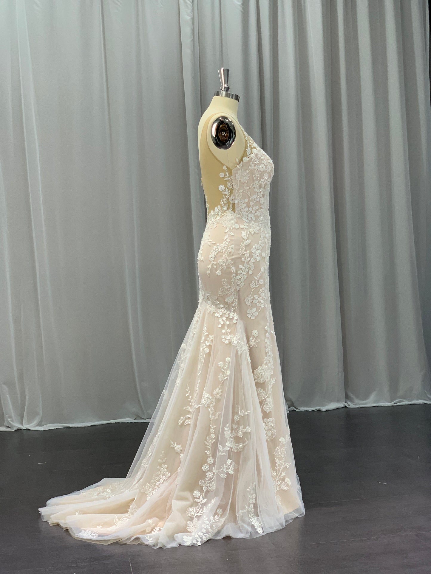 Sleeveless Lace & Tulle Over Satin Fit & Flare Wedding Dress Delilah - A.Cherie Couture Shop