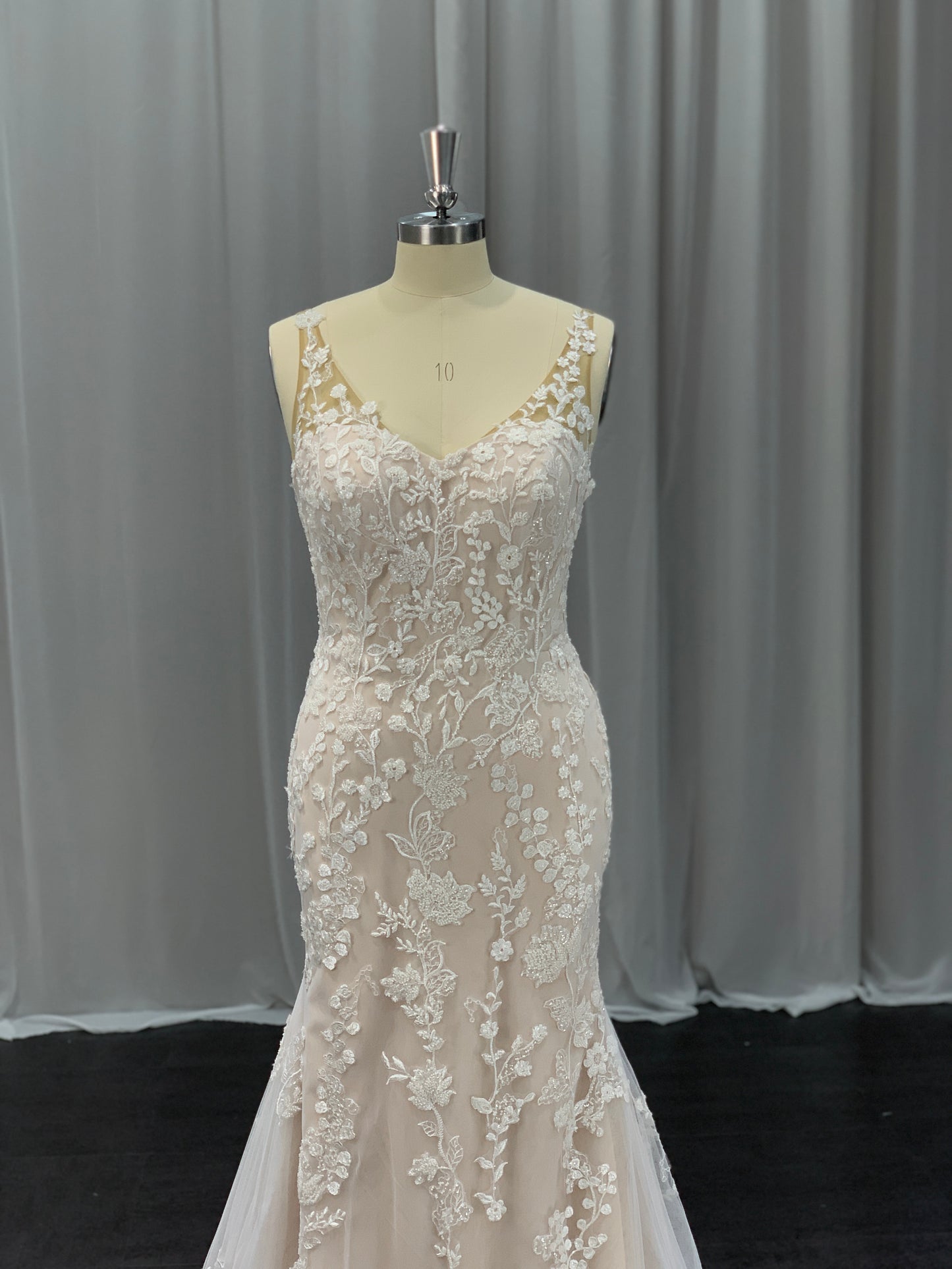 Sleeveless Lace & Tulle Over Satin Fit & Flare Wedding Dress Delilah - A.Cherie Couture Shop