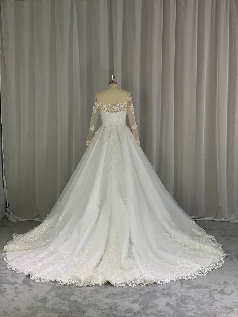 Illusion Scoop Neckline Lace & Tulle Over Satin Full A-Line Wedding Dress Andrea - A.Cherie Couture Shop