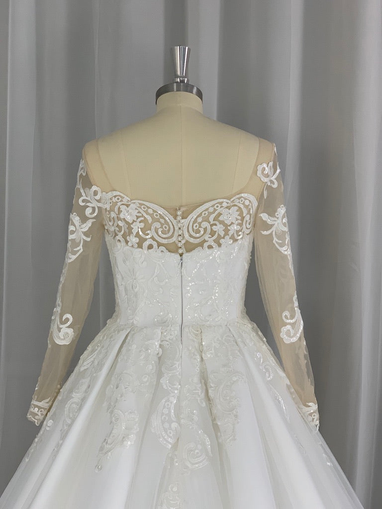 Illusion Scoop Neckline Lace & Tulle Over Satin Full A-Line Wedding Dress Andrea - A.Cherie Couture Shop