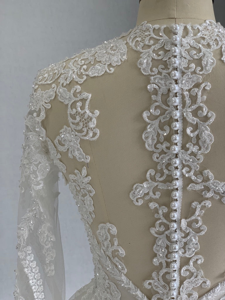 Plunging V-Neckline with Beaded Lace Full A-Line Wedding Dress Eliza - A.Cherie Couture Shop