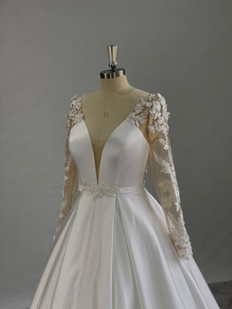 Plunge Neckline Lace & Satin Full A-line Wedding Dress Taylor - A.Cherie Couture Shop
