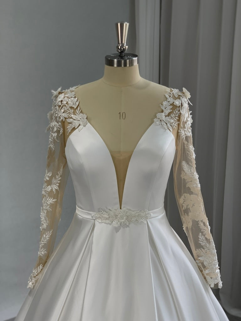 Plunge Neckline Lace & Satin Full A-line Wedding Dress Taylor - A.Cherie Couture Shop