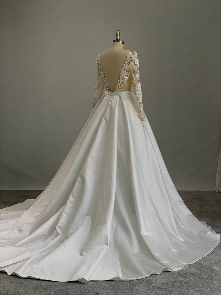 Plunge Neckline Lace & Satin Full A-line Wedding Dress Taylor - A.Cherie Couture Shop