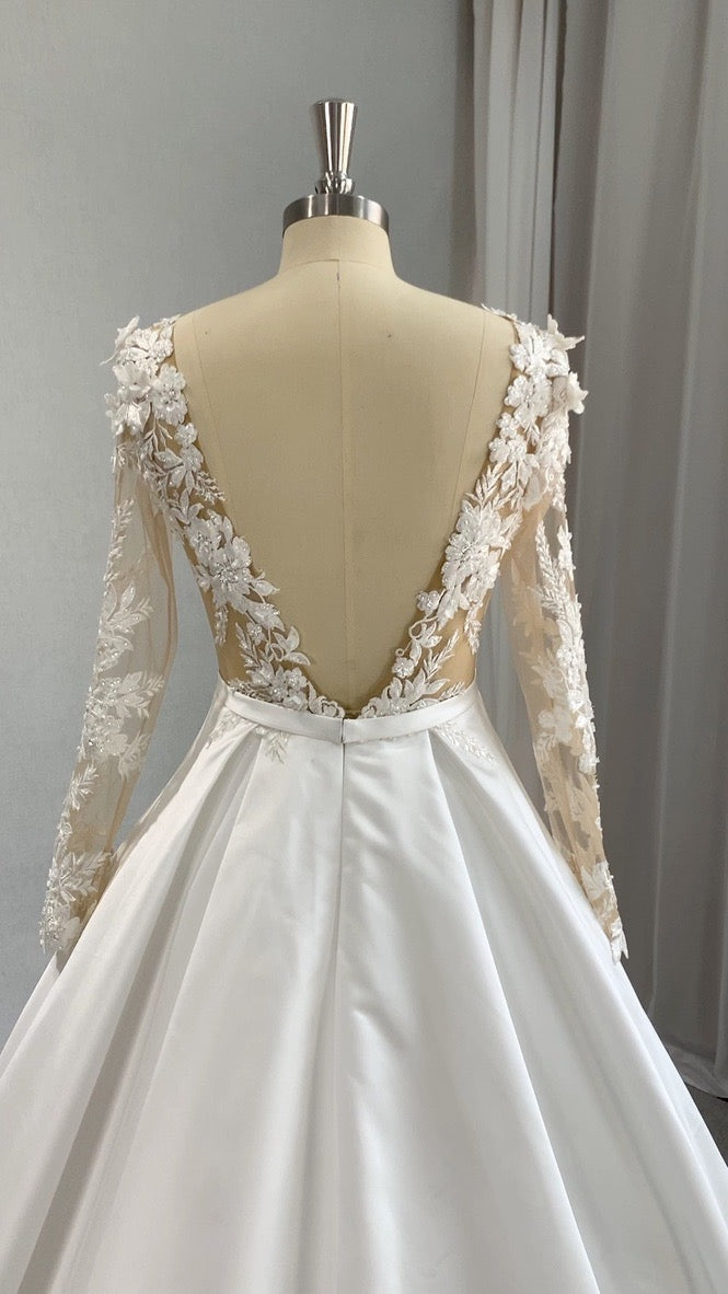 Plunge Neckline Lace & Satin Full A-line Wedding Dress Taylor - A.Cherie Couture Shop