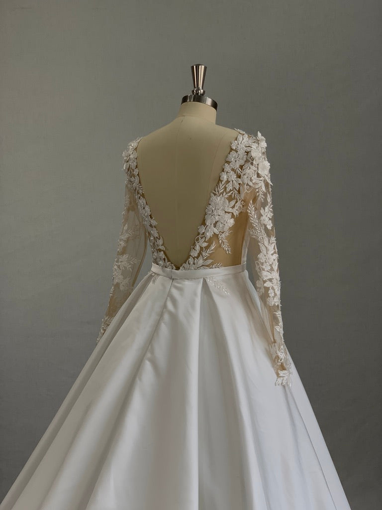 Plunge Neckline Lace & Satin Full A-line Wedding Dress Taylor - A.Cherie Couture Shop