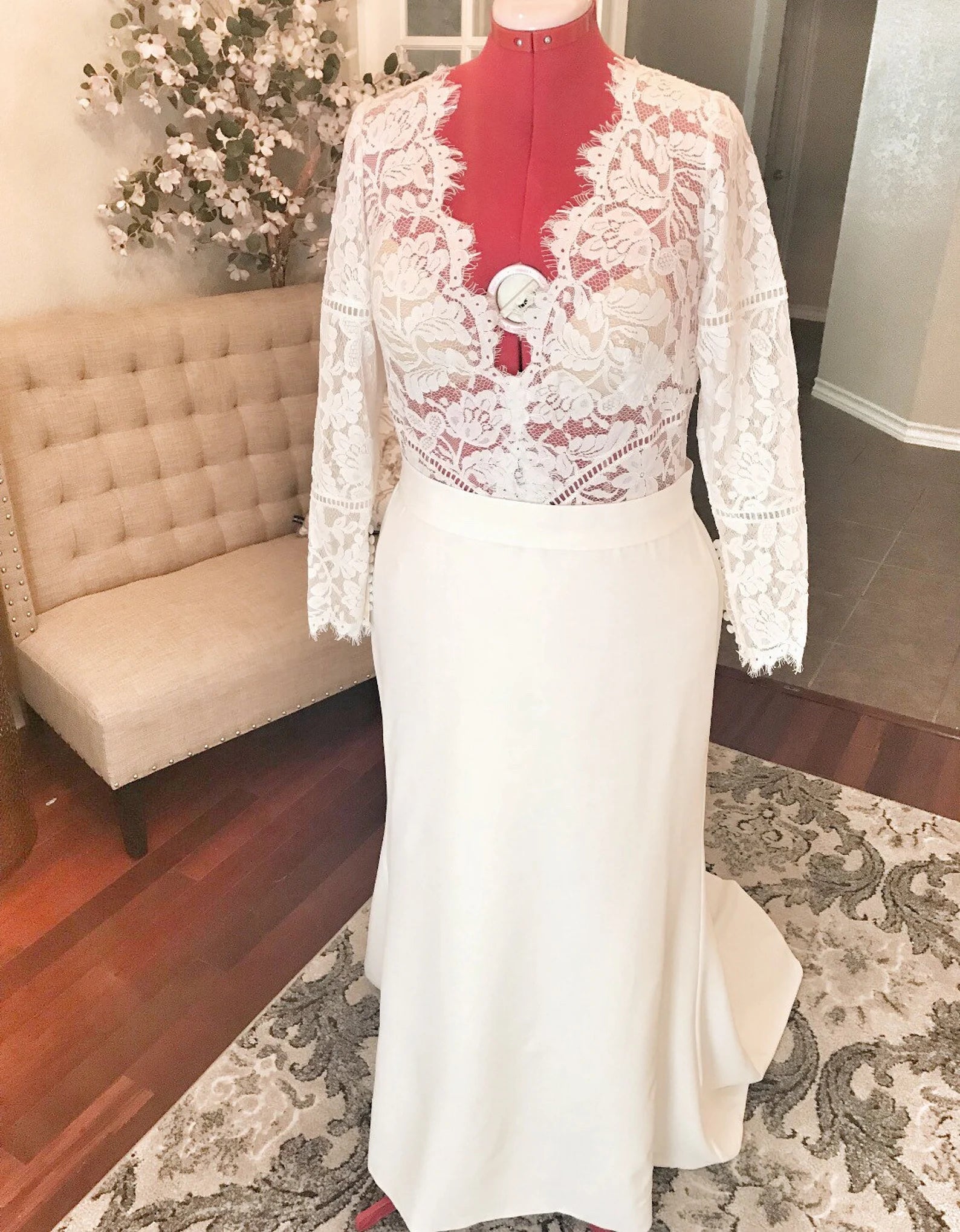 Sheer Lace Bodice Fit & Flare Wedding Dress | Shop A.Cherie Light Ivory / US16 Sheer Lace Bodice Fit & Flare Wedding Dress | Shop A.Cherie Light Ivory / US16