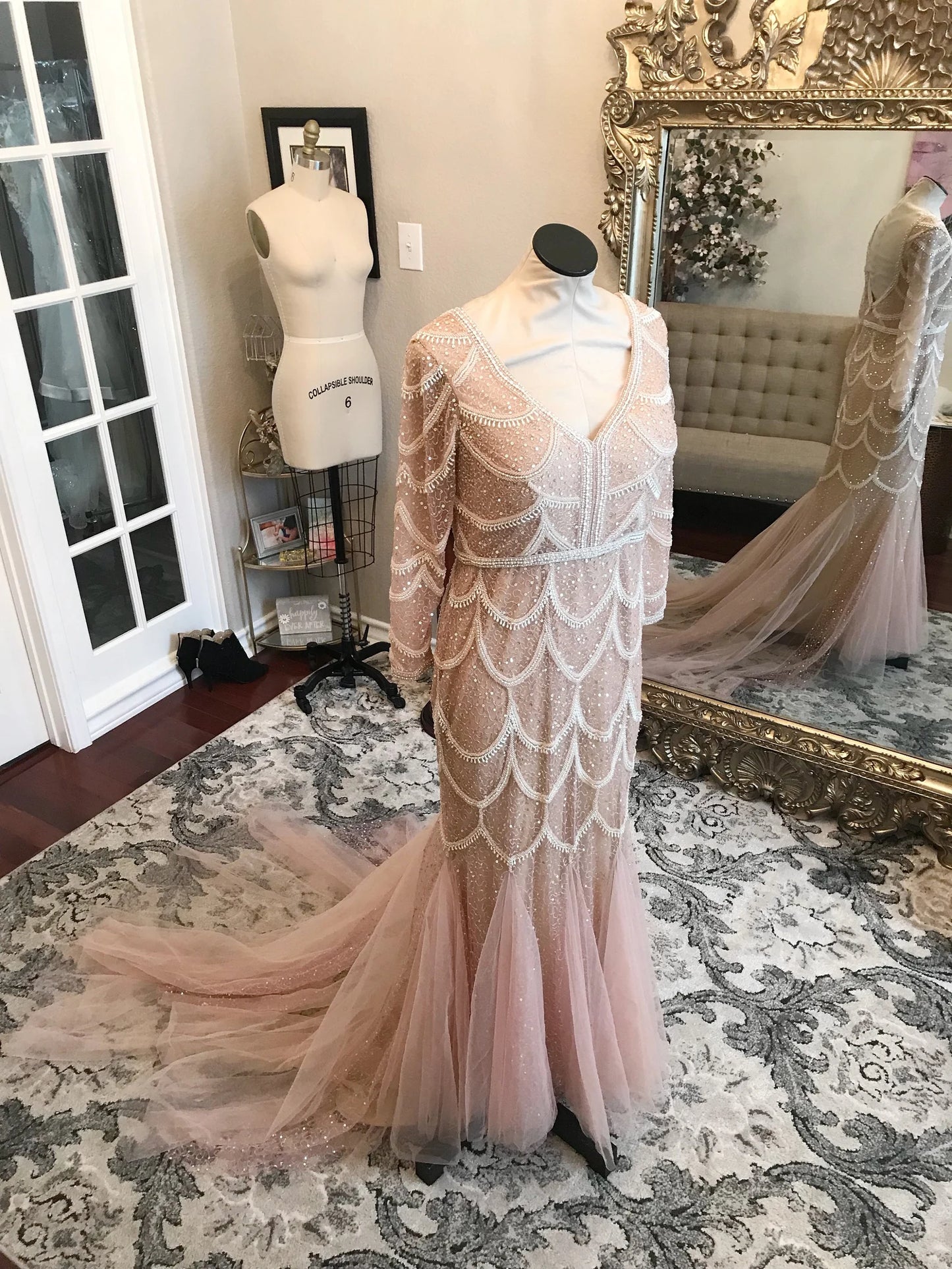 Scallop Beaded Trumpet Wedding Dress Alannah with Tulle Godets - A.Cherie Couture Shop