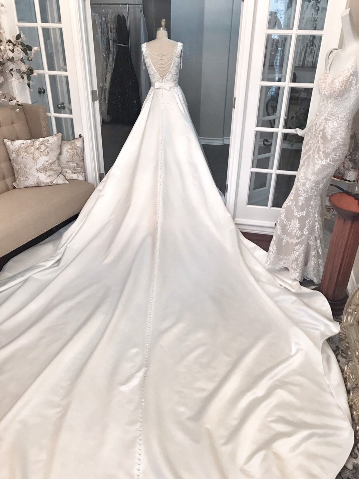 Satin Beaded Pearl Detailing Full A-Line Wedding Dress Teal - A.Cherie Couture Shop