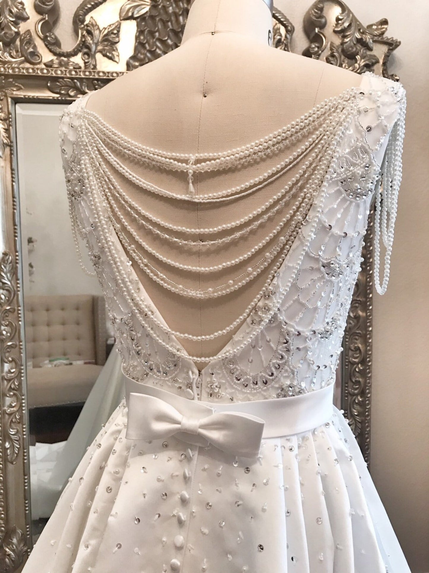 Satin Beaded Pearl Detailing Full A-Line Wedding Dress Teal - A.Cherie Couture Shop