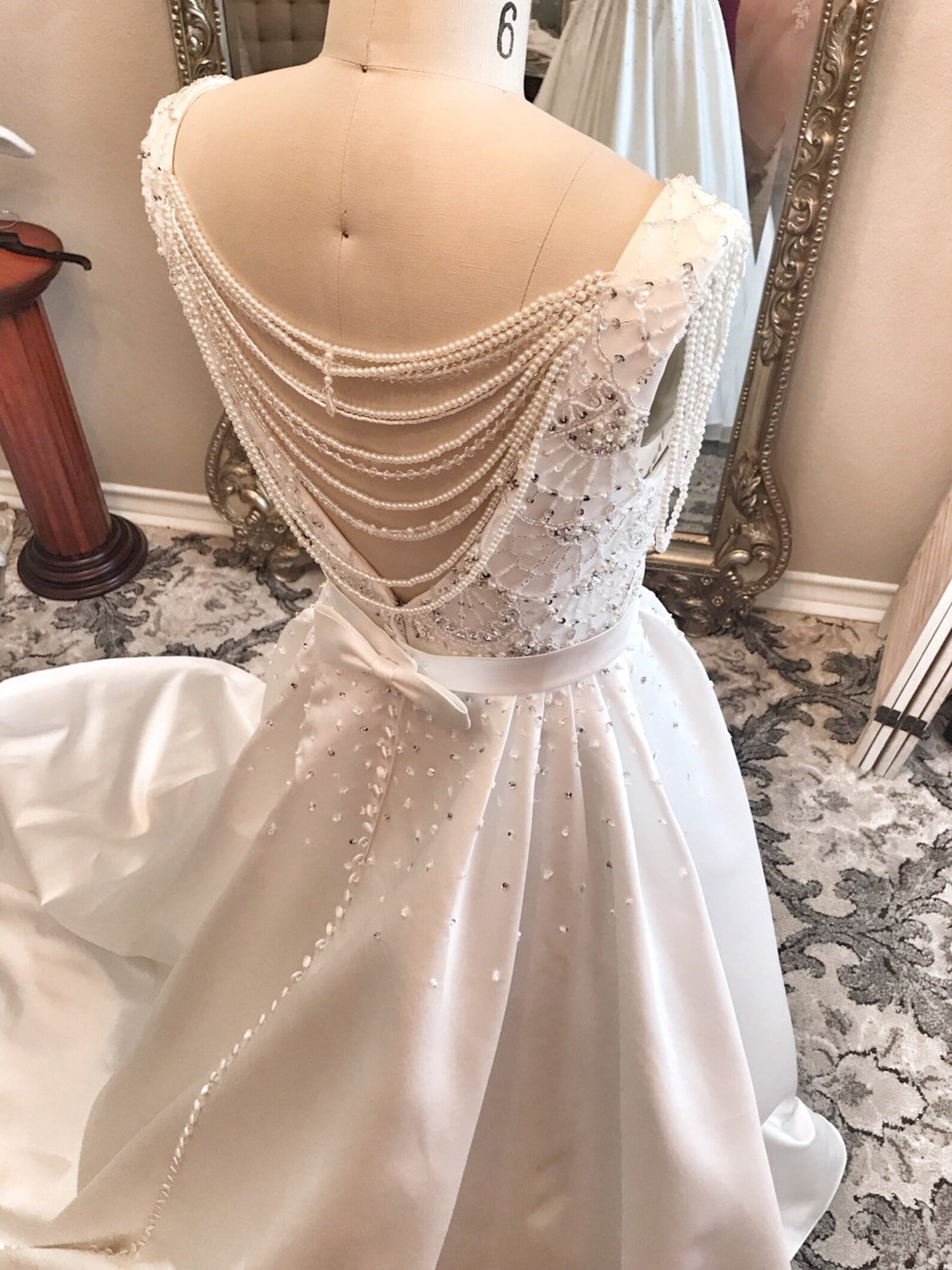 Satin Beaded Pearl Detailing Full A-Line Wedding Dress Teal - A.Cherie Couture Shop