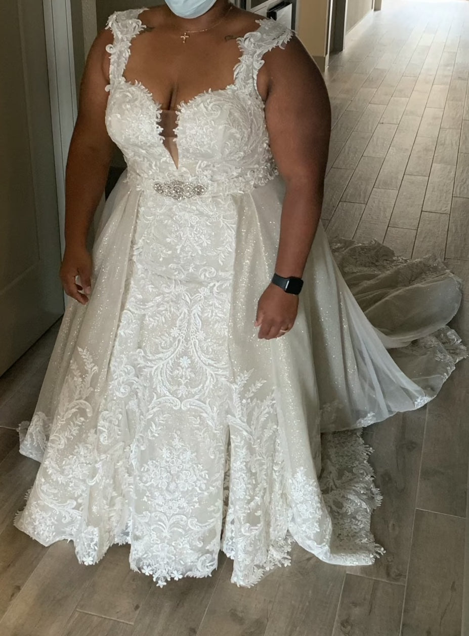 Plunging Floral Lace Glitter Trumpet Wedding Dress Charlotte - A.Cherie Couture Shop