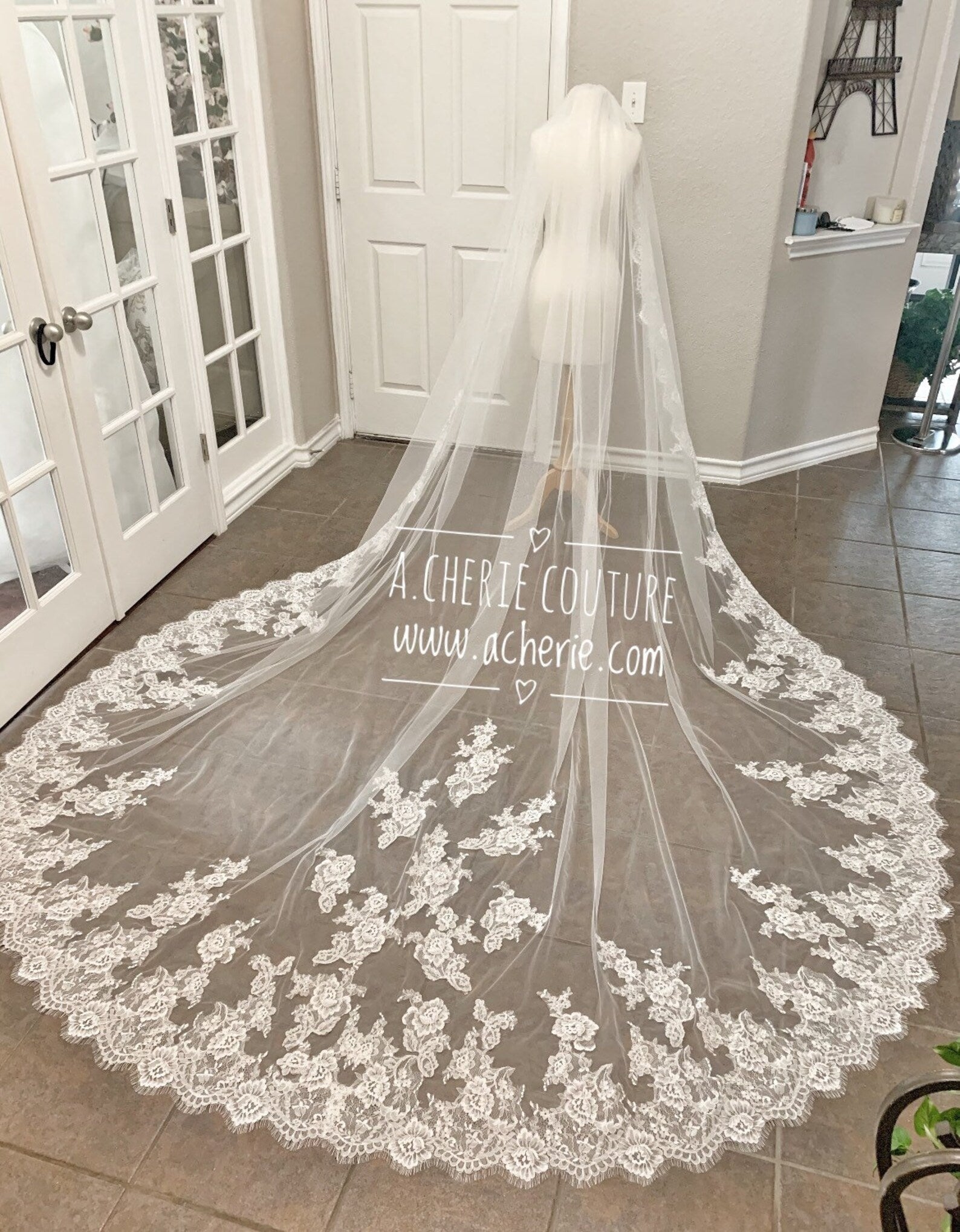 Wide Alencon Lace Cathedral Veil - A.Cherie Couture Shop