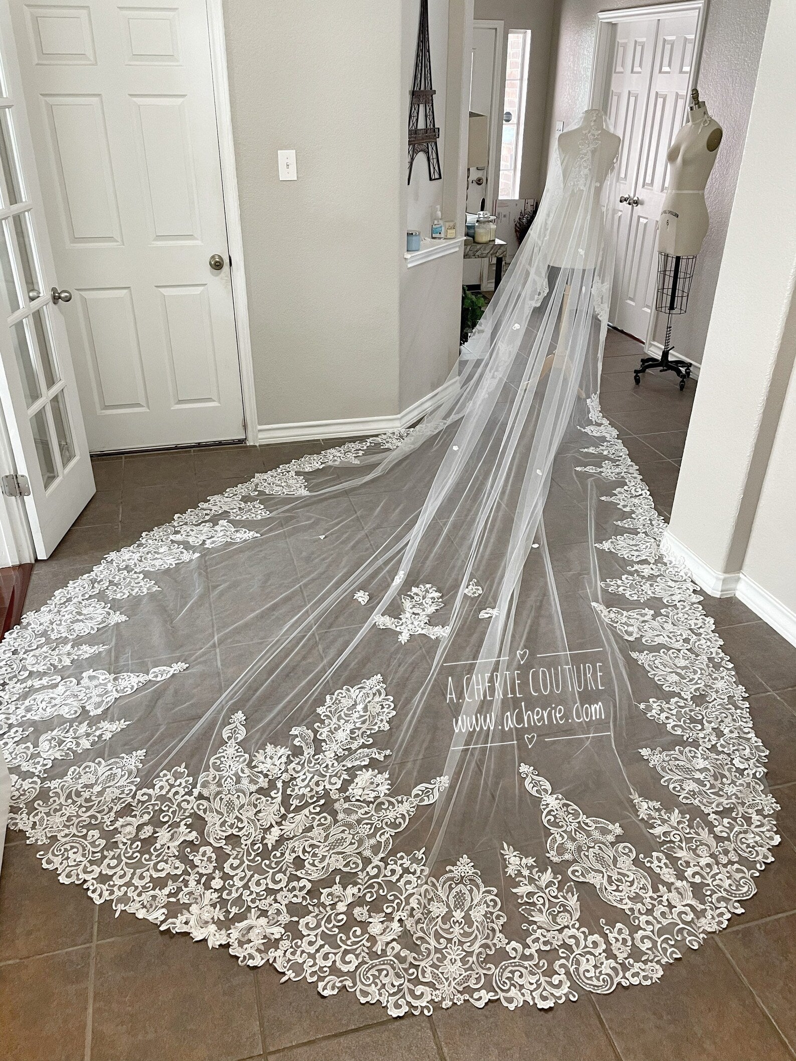 ACherieCouture Custom Royal Length Veil, Drop Style Veil, Mantilla Style Veil, Lace Edge Veil, Long Veil, Long Bridal Veil, Unique Lace Veil, Custom Veil
