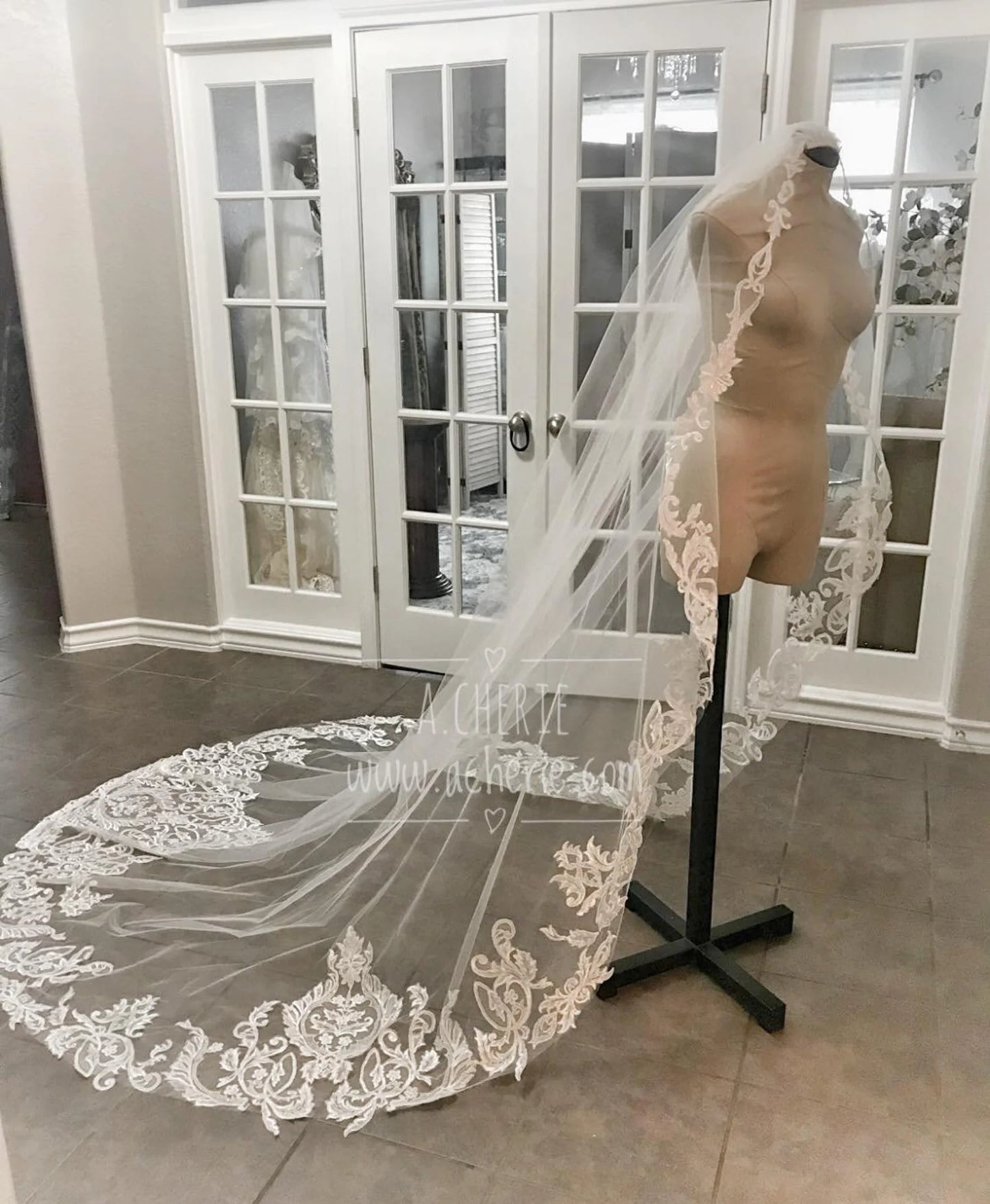 Sequin Scroll All Around Lace Cathedral Veil - A.Cherie Couture Shop