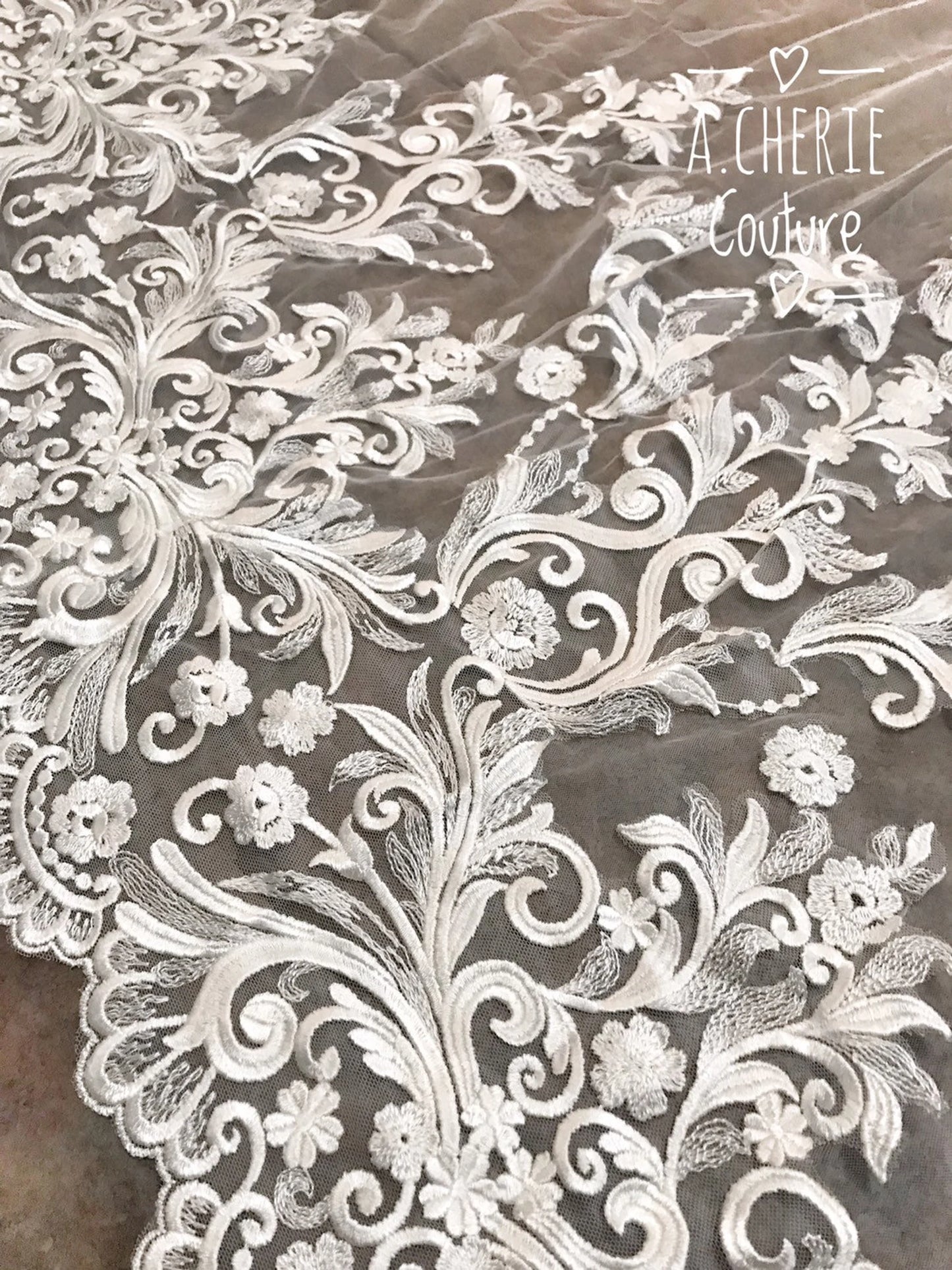 Wide Floral Scroll Lace Royal Veil - A.Cherie Couture Shop
