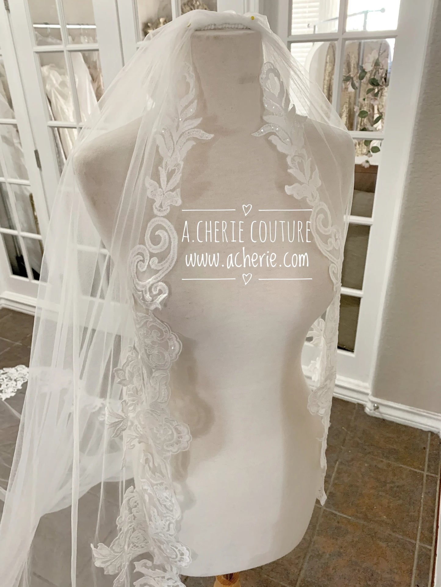 Scalloped Scroll Sequin Lace Cathedral Veil - A.Cherie Couture Shop