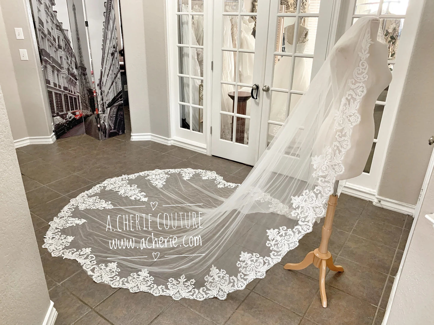 Scalloped Scroll Sequin Lace Cathedral Veil - A.Cherie Couture Shop