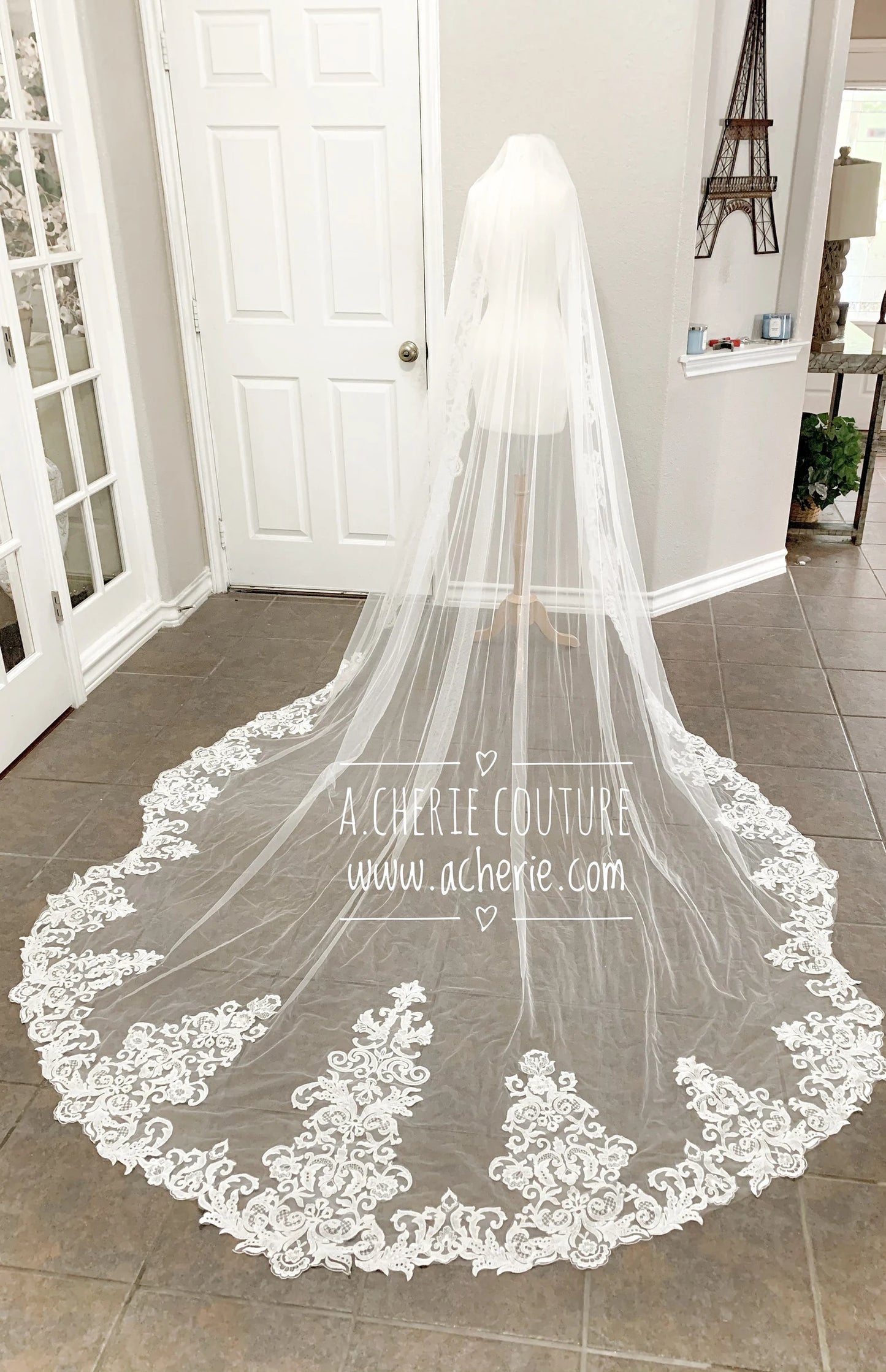 Scalloped Scroll Sequin Lace Cathedral Veil - A.Cherie Couture Shop