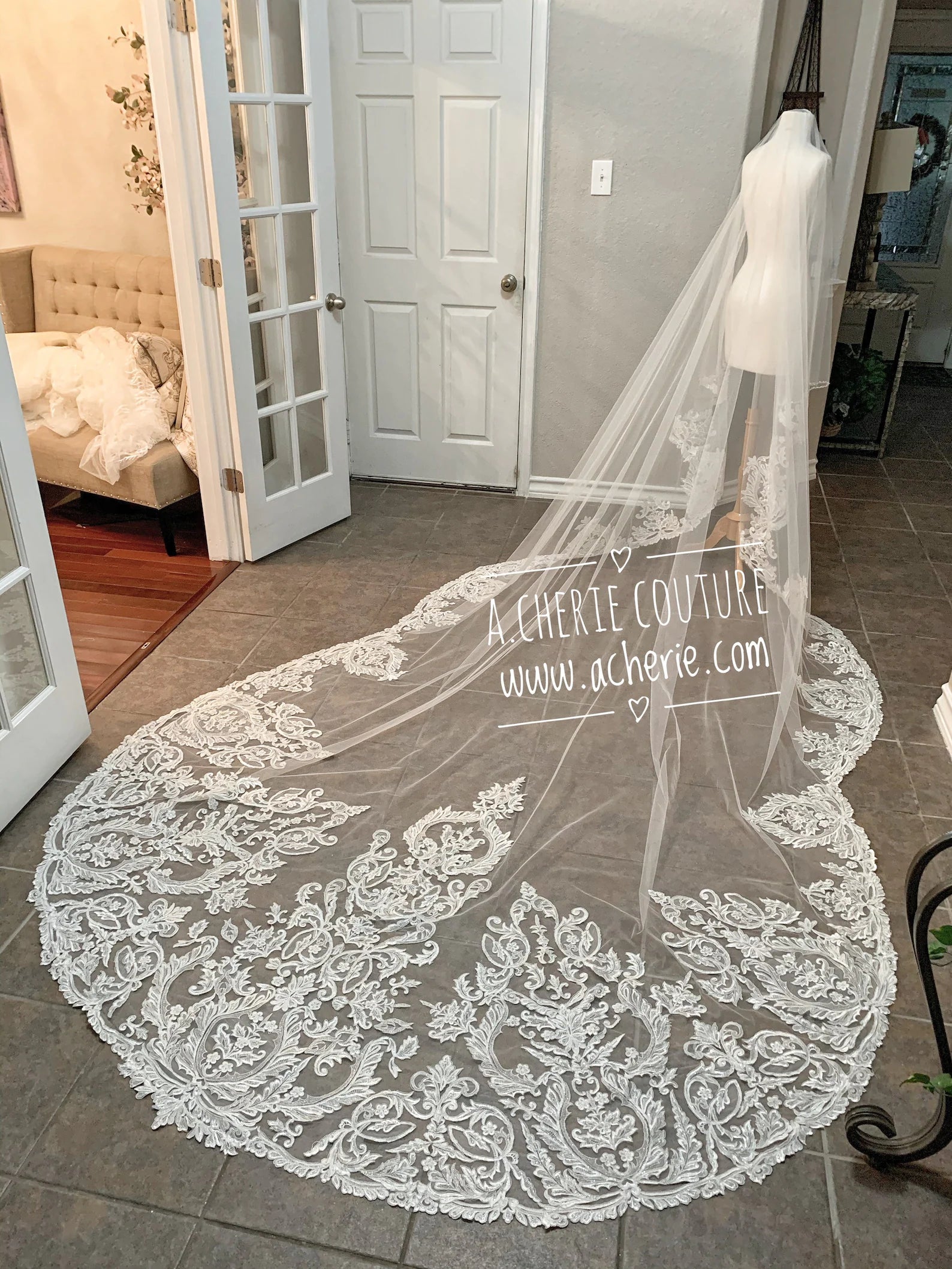 Sequin Scalloped Lace with Beading Cathedral Veil - A.Cherie Couture Shop