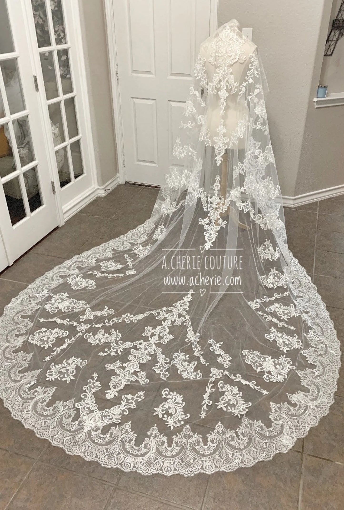 Scalloped Scroll Lace Cathedral Veil - A.Cherie Couture Shop