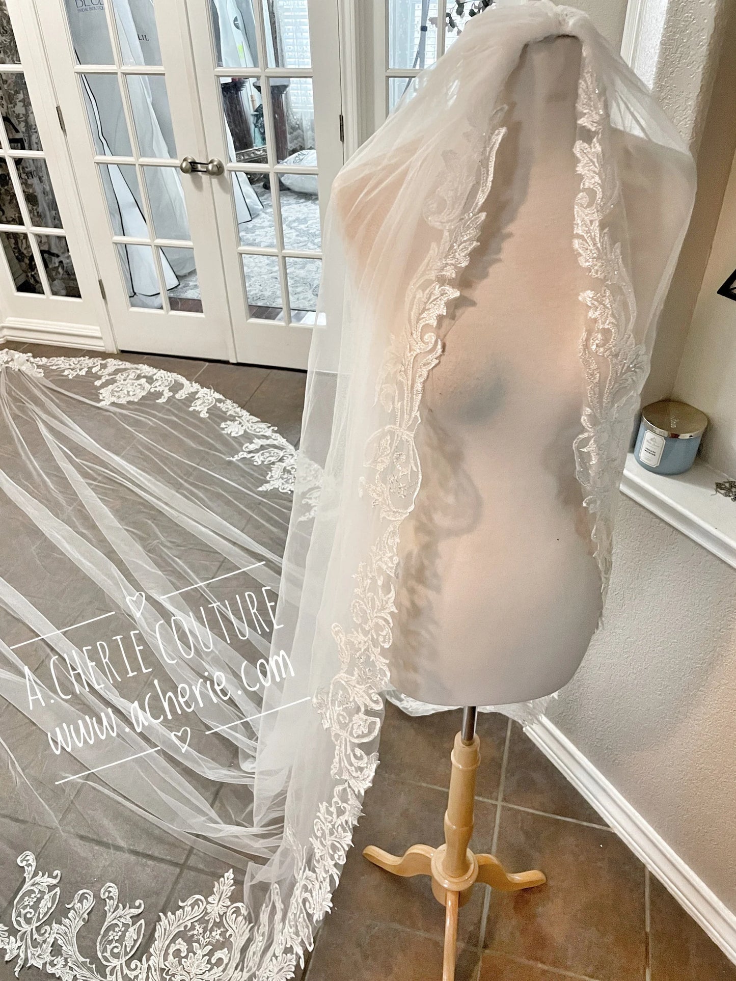 Thin Leaf Scroll Sequin Lace Royal Veil - A.Cherie Couture Shop
