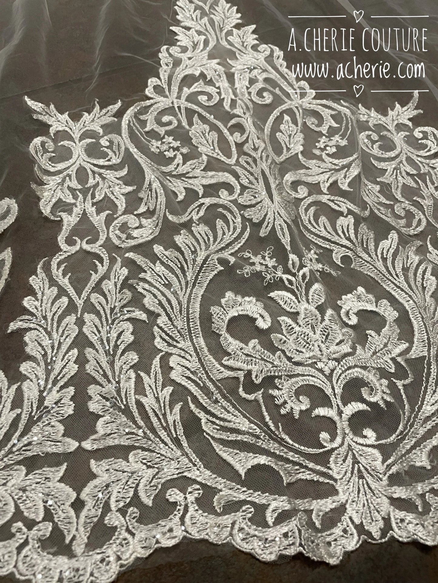 Thin Leaf Scroll Sequin Lace Royal Veil - A.Cherie Couture Shop