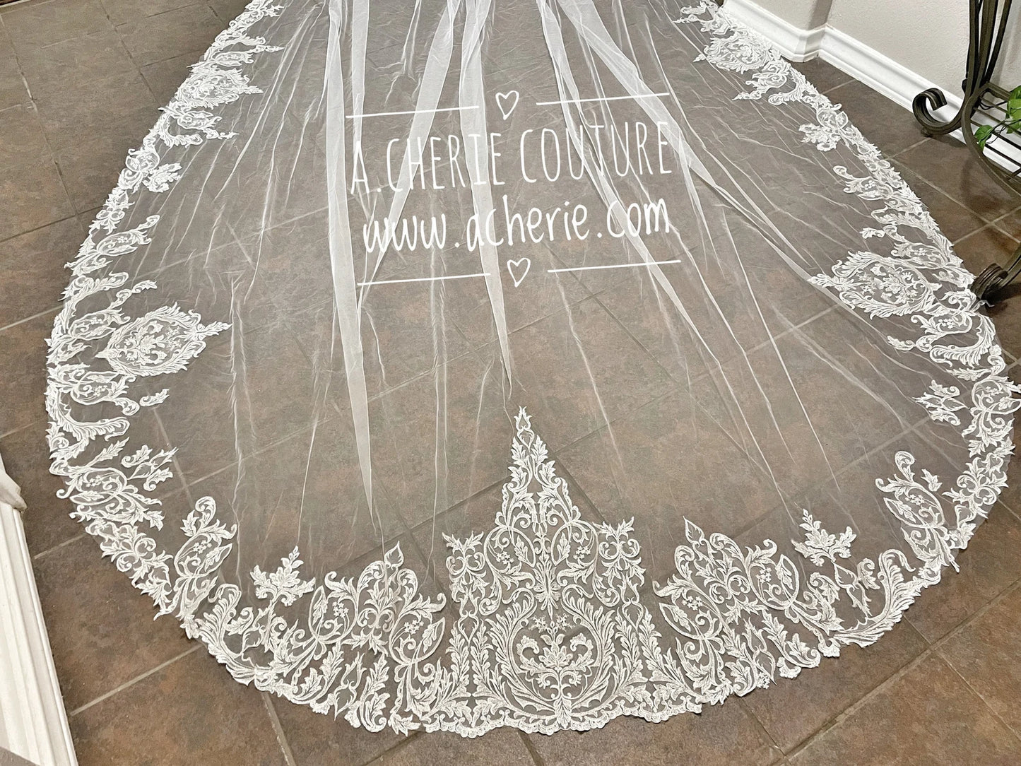 Thin Leaf Scroll Sequin Lace Royal Veil - A.Cherie Couture Shop