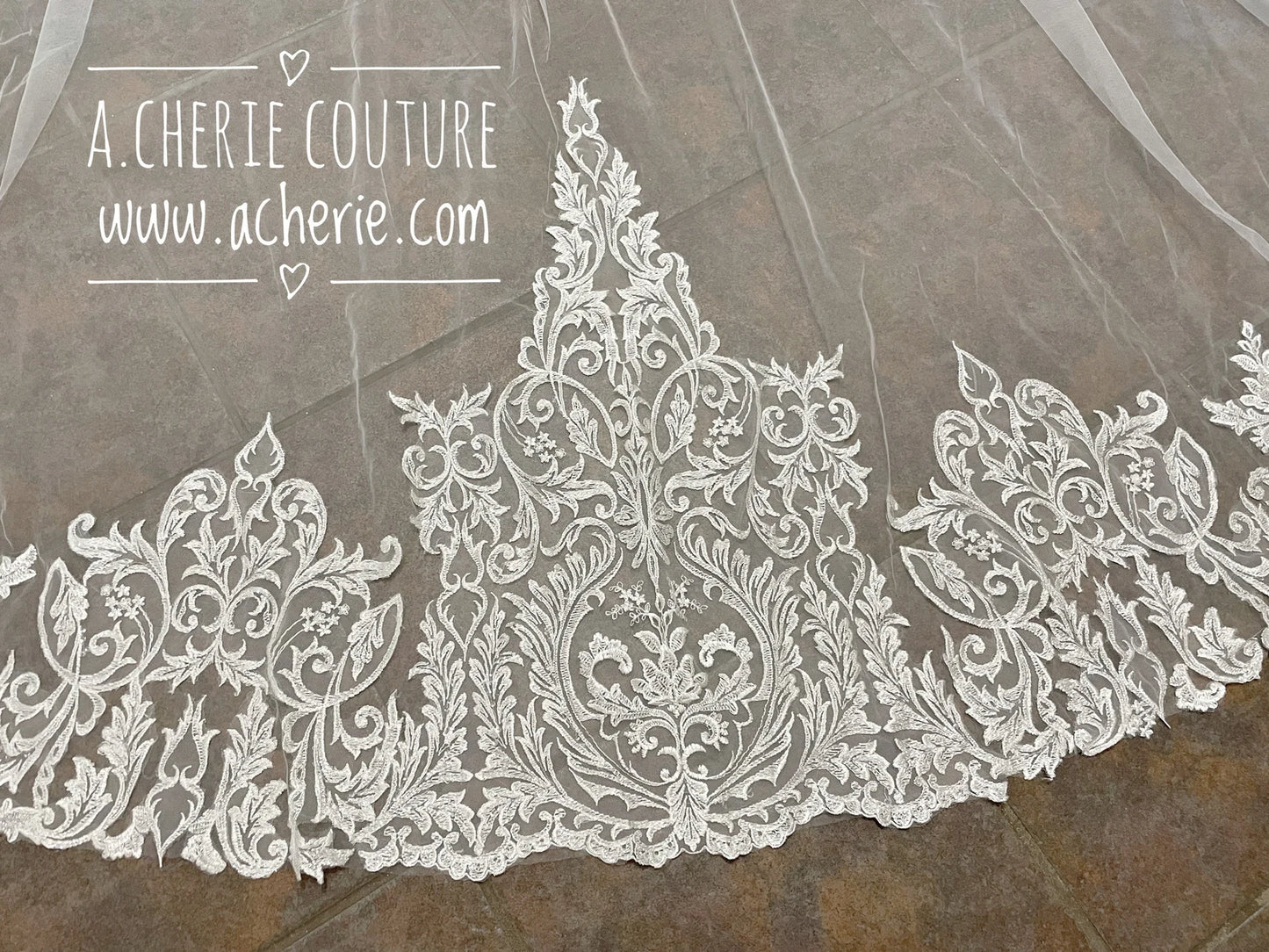 Thin Leaf Scroll Sequin Lace Royal Veil - A.Cherie Couture Shop
