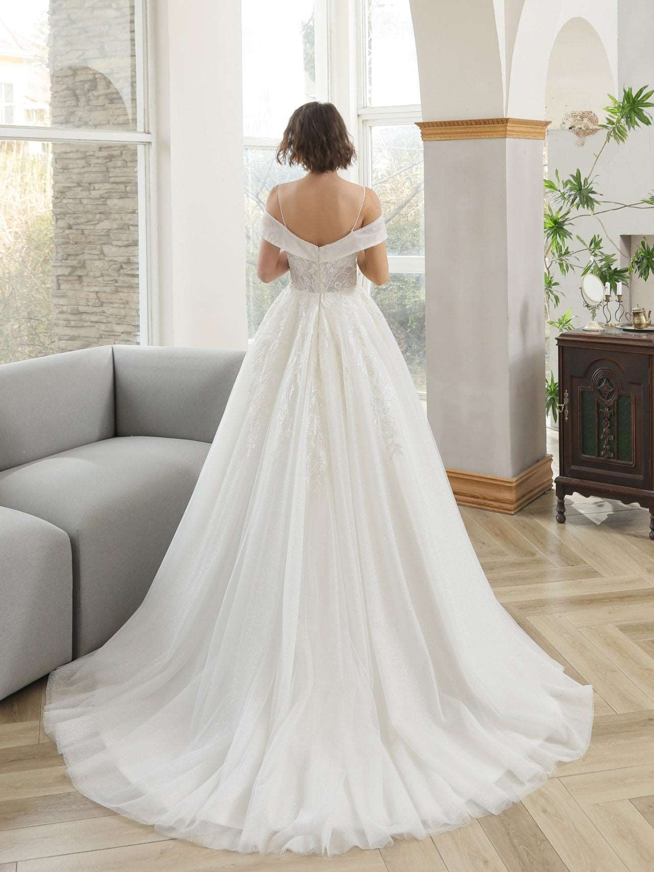 glitter off the shoulder wedding dress Plus Size Strapless Glitter Dress with Detachable Train - Off Shoulder Wedding Dress with Draped Waist Corset and High Slit
