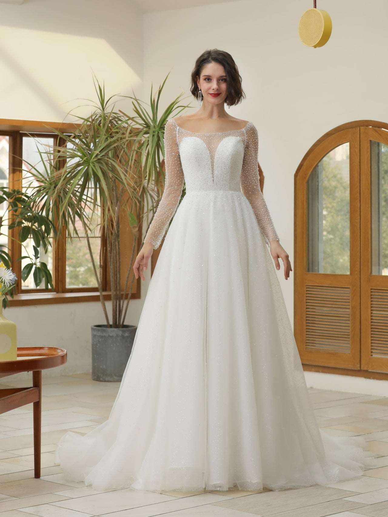 Mix Beading Plunge Neckline A-Line Wedding Dress Jasmine - A.Cherie Couture Shop