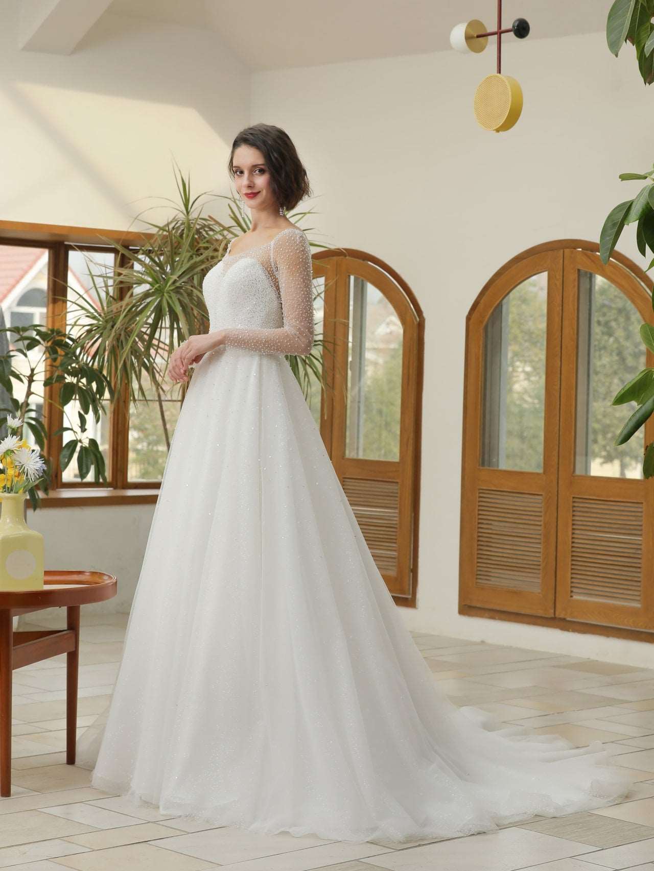 Mix Beading Plunge Neckline A-Line Wedding Dress Jasmine - A.Cherie Couture Shop