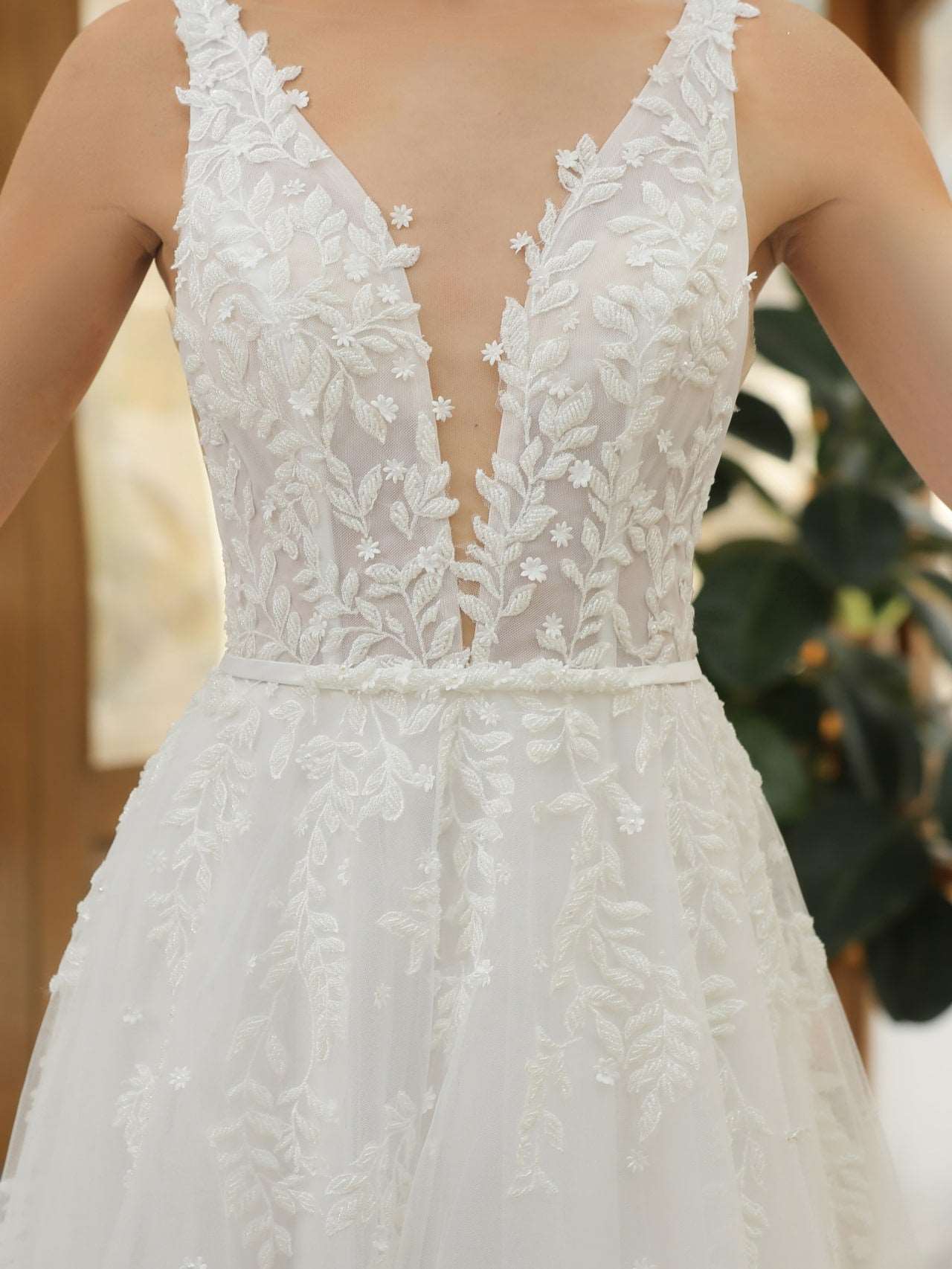 Plunge Neckline Beaded Leaf Lace A-Line Wedding Dress Anna - A.Cherie Couture Shop